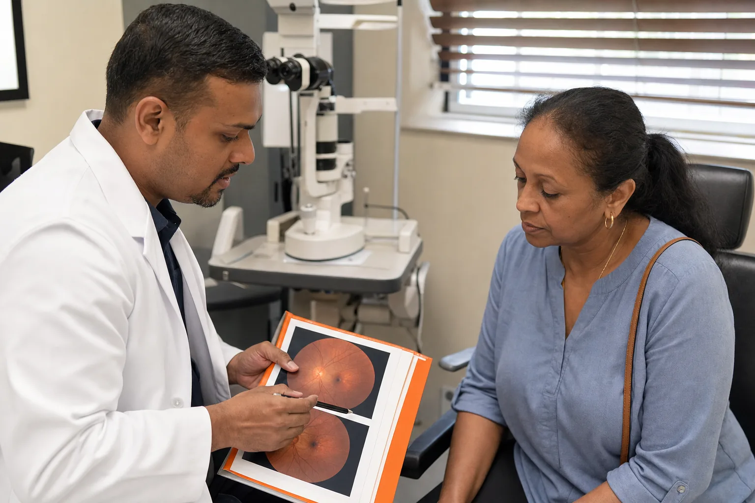 Patient reviewing dilated eye exam results with an ophthalmologist