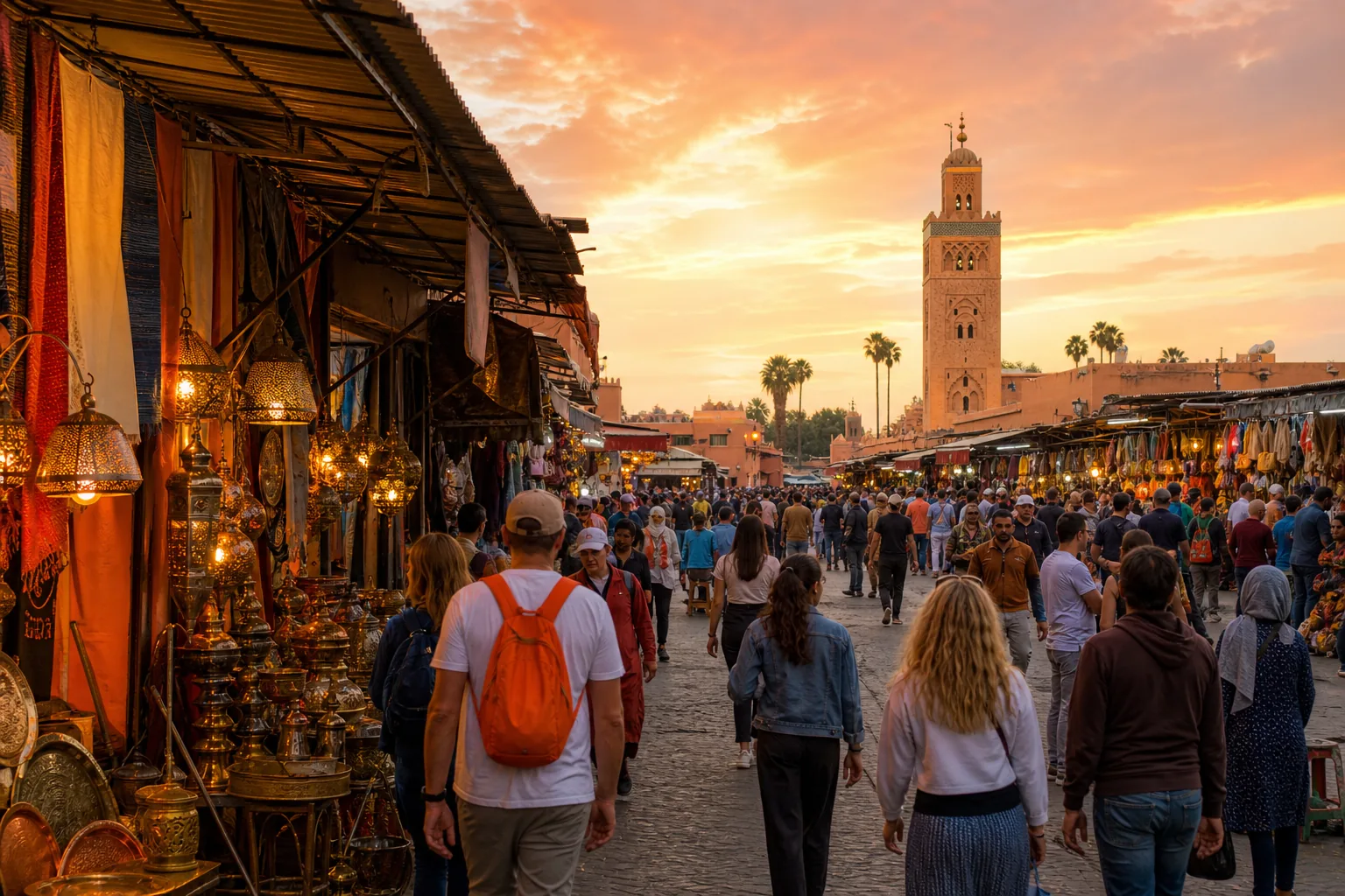 Marrakech Medina souks and Jemaa el-Fnaa at sunset.