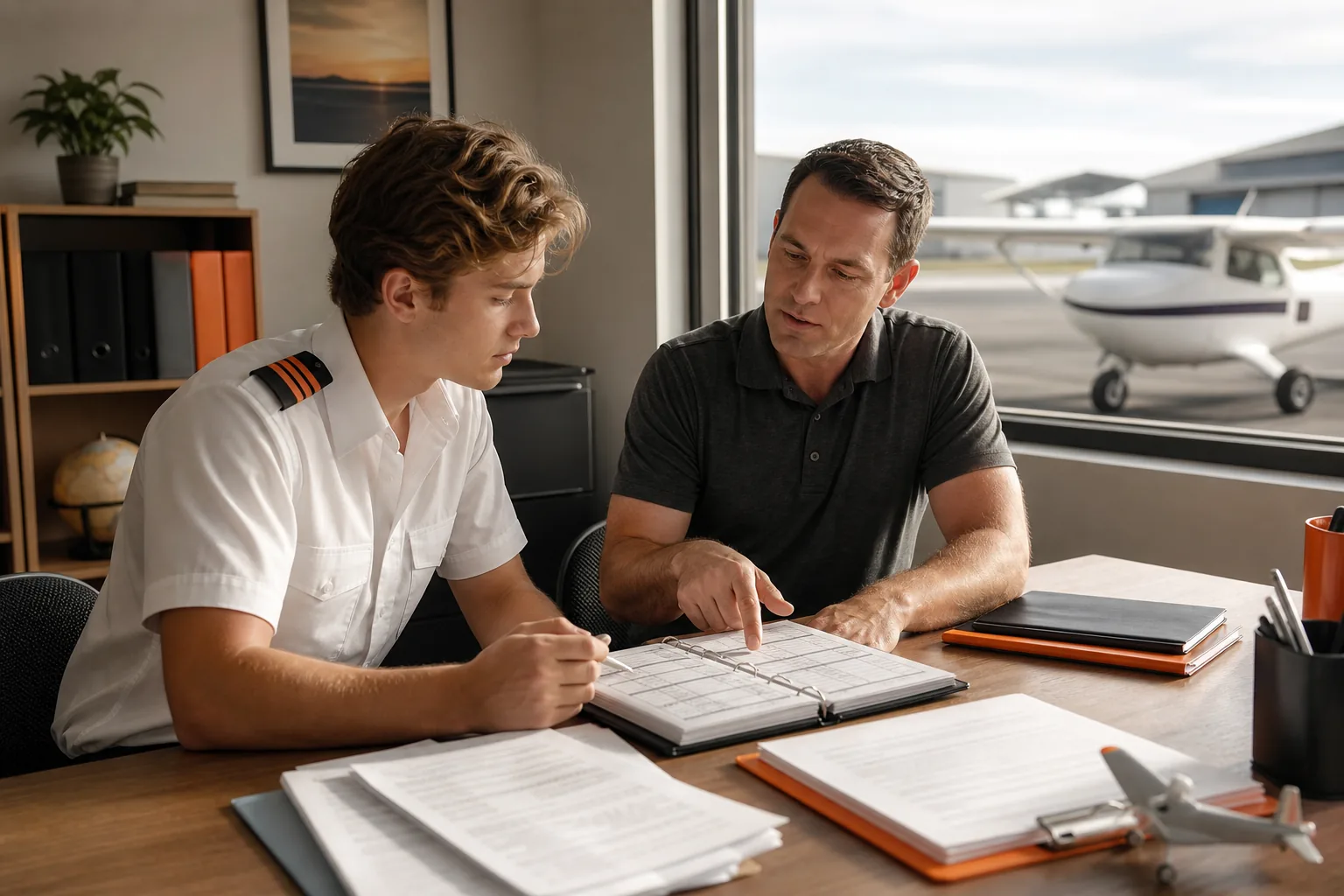 Aspiring pilot reviewing FAA CFI eligibility requirements and logbook