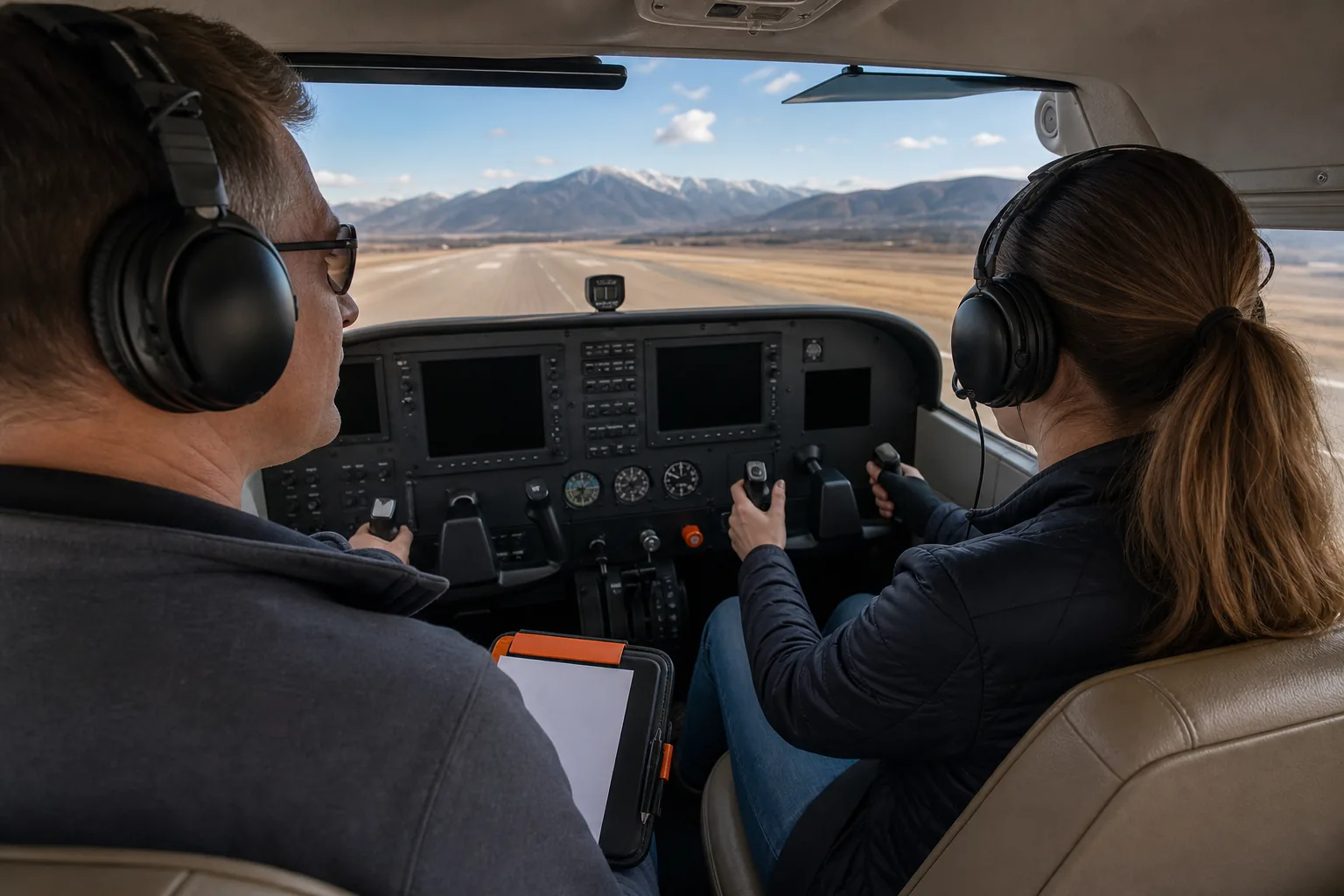 CFI trainee practicing right-seat flight instruction and student briefing