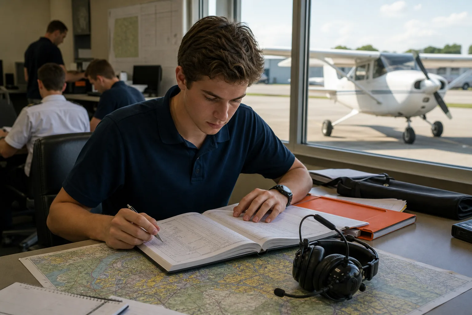 Pilot reviewing flight logbook and flight hour goals