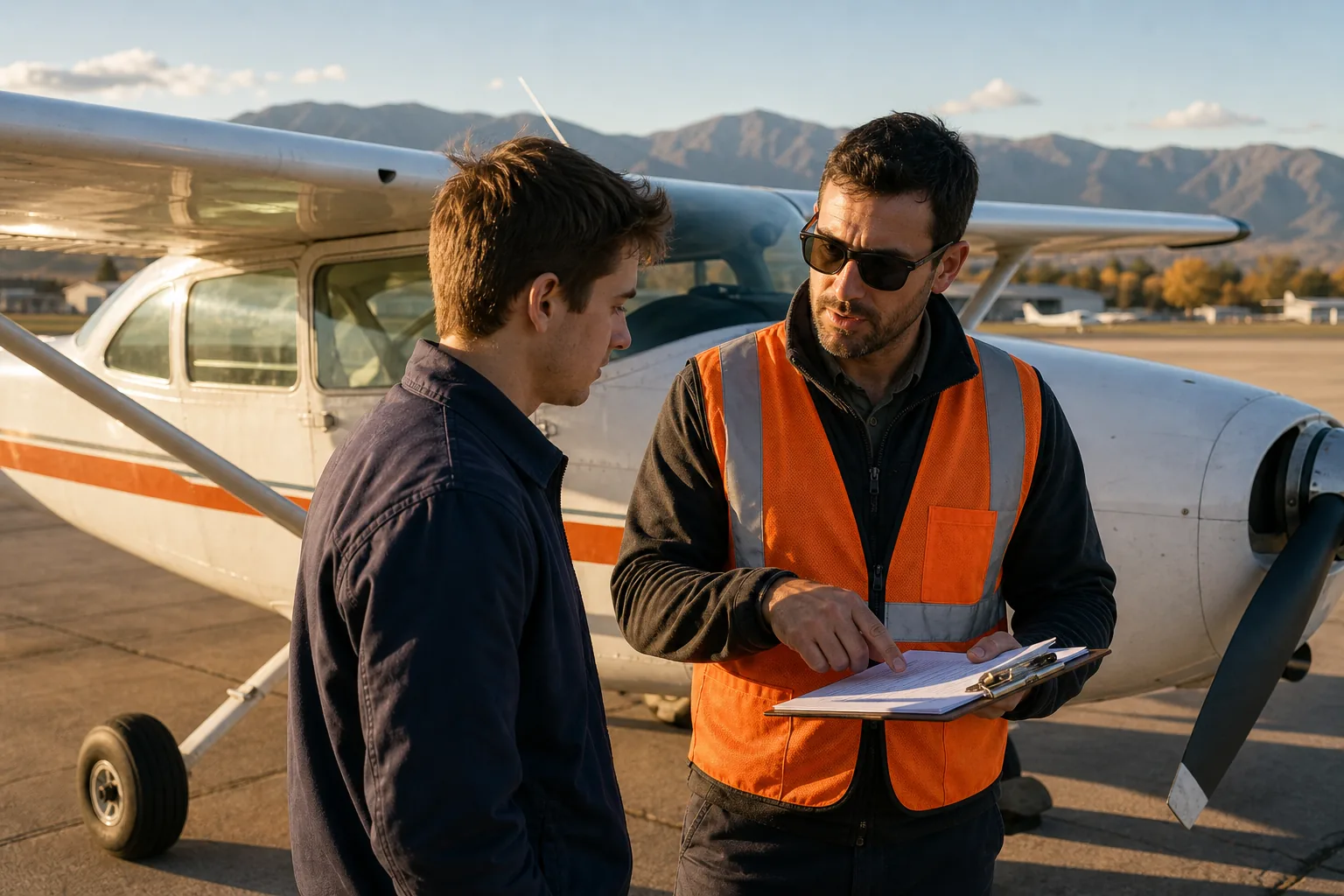 Certified flight instructor building pilot hours beside training aircraft