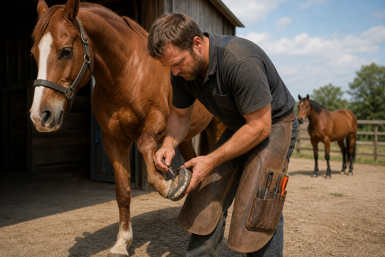 Farrier examining a horse hoof during routine trim