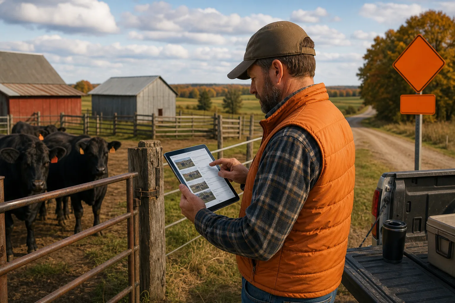 Farmer searching a homestead service directory by ZIP code and county