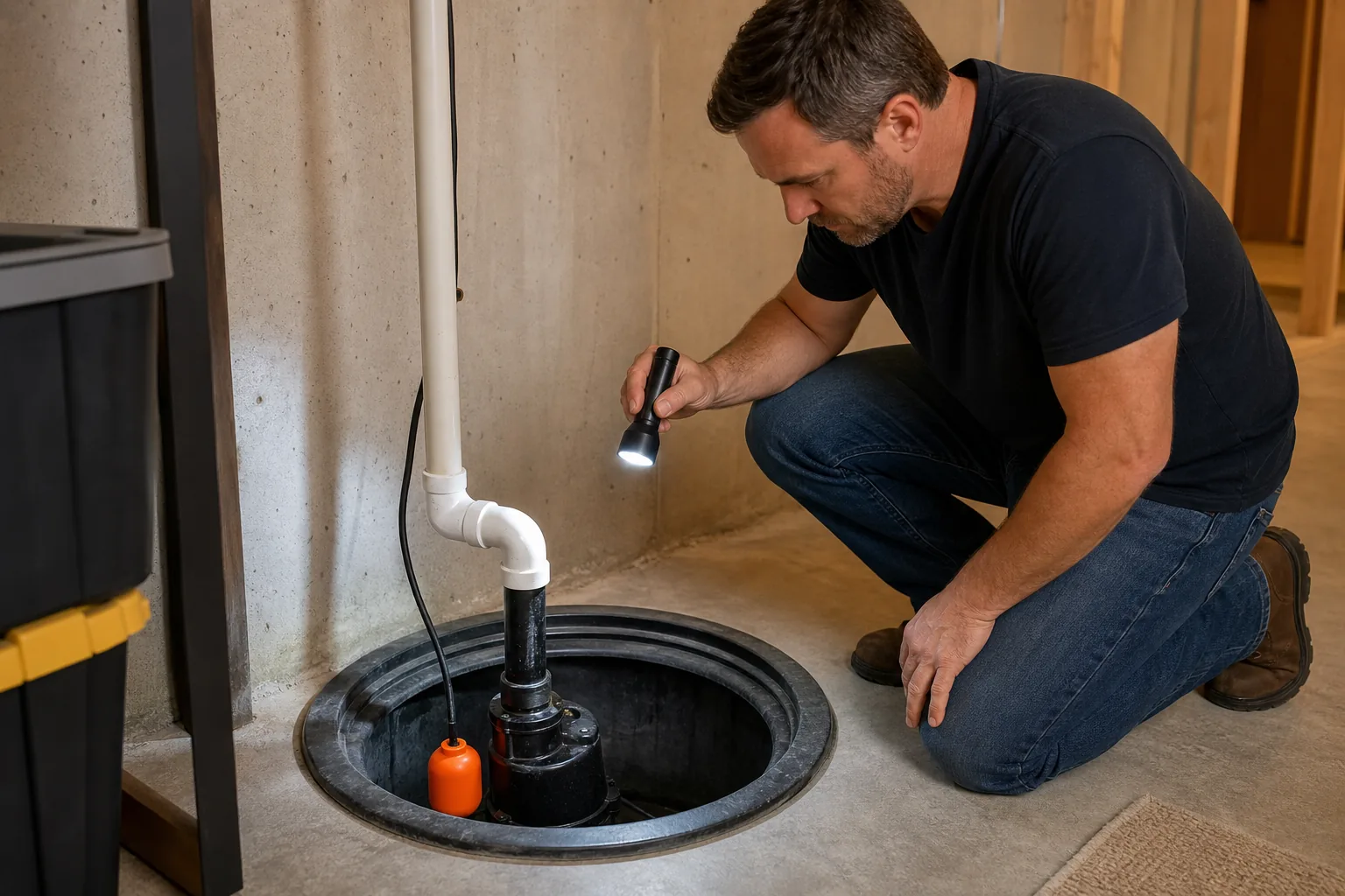 Utah homeowner inspecting a basement sump pump pit and float switch