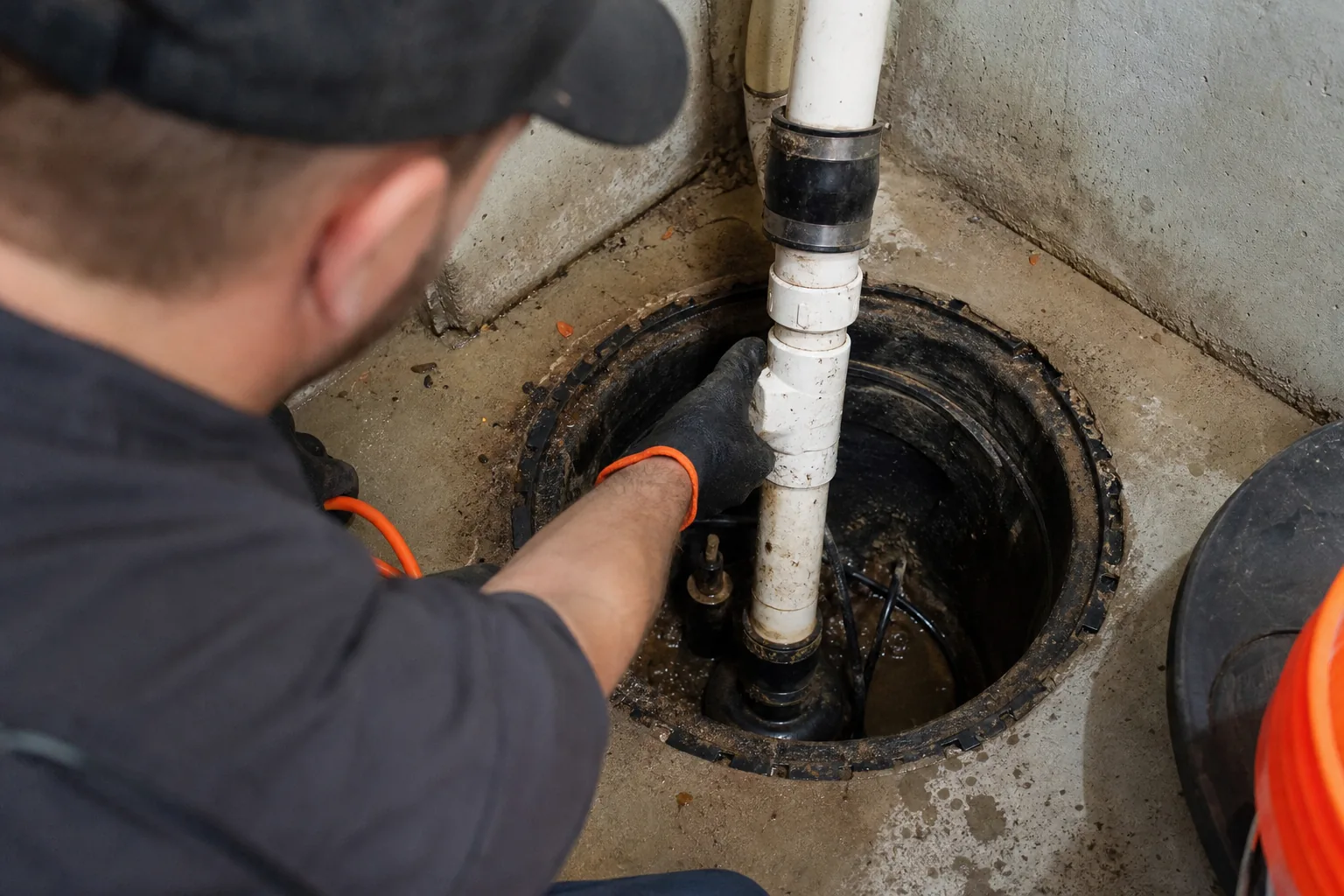 Cleaning a sump pump pit check valve and discharge line in a Utah basement