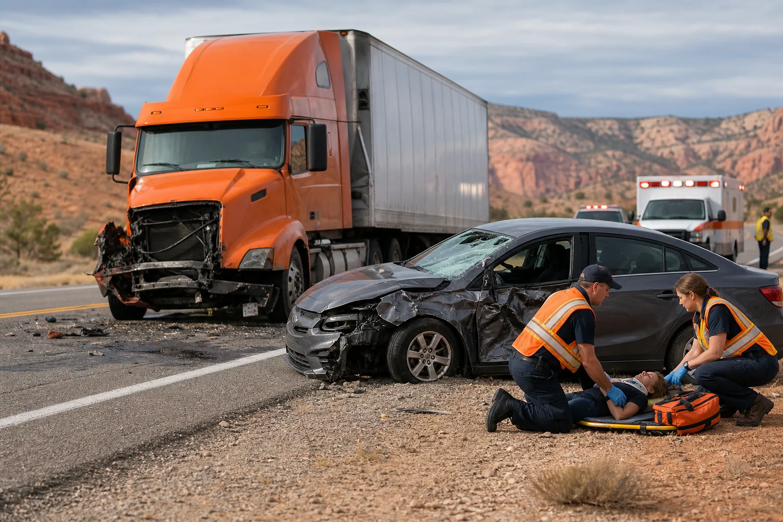 Utah commercial vehicle accident scene with emergency medical care