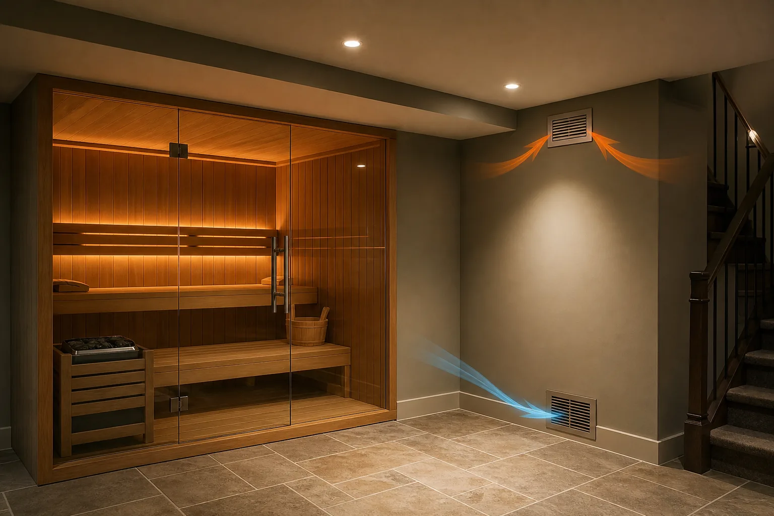 Basement sauna moisture control and ventilation layout