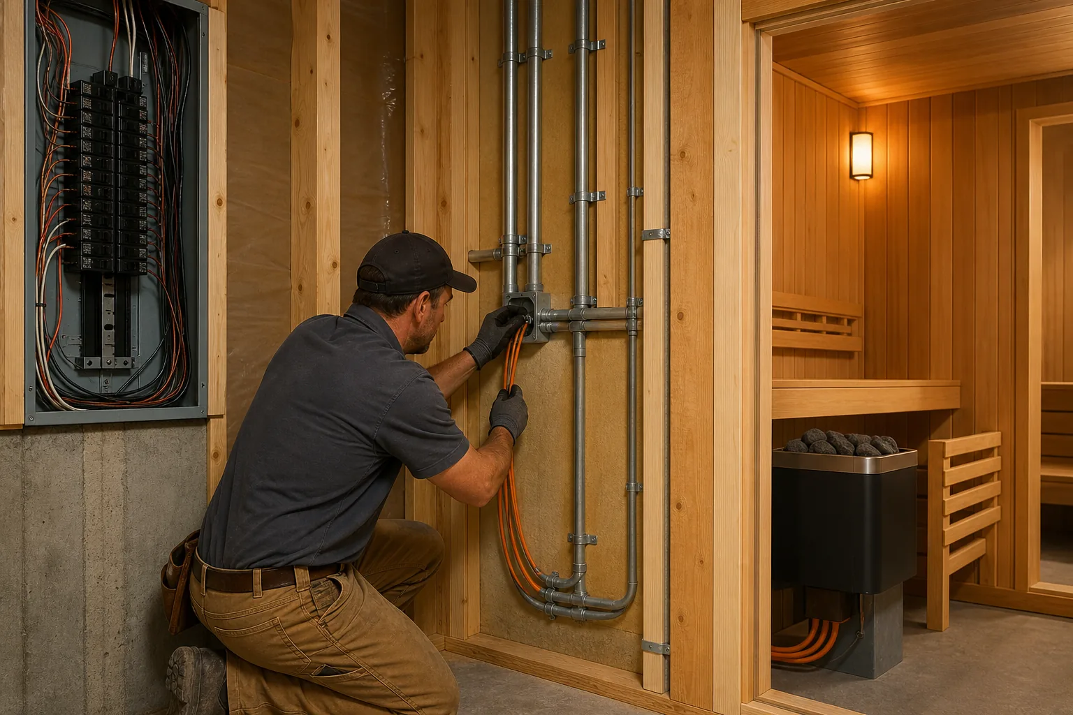 Basement sauna electrical wiring and heater safety installation