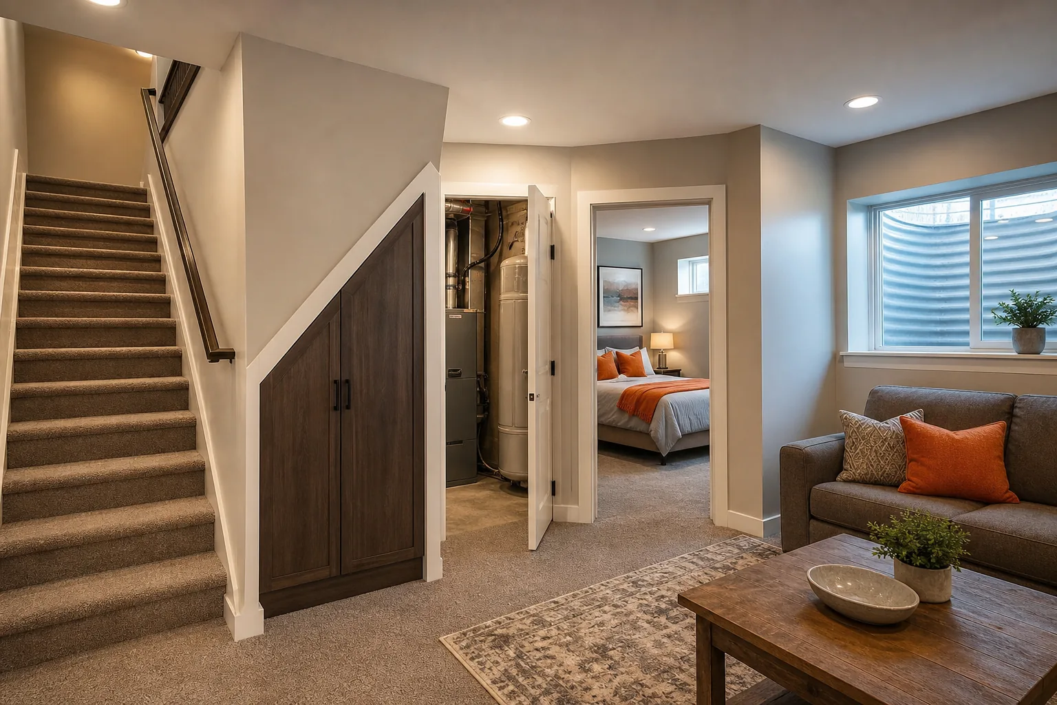 Basement egress, storage, and circulation plan for a Utah remodel