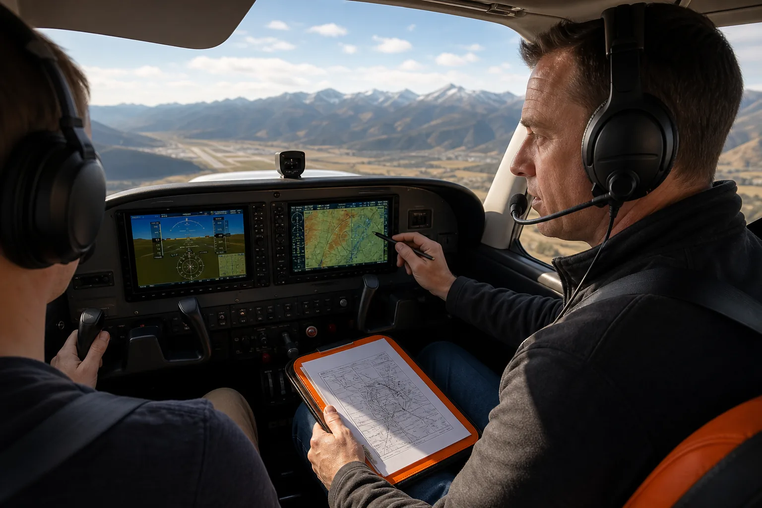 CFII instructor teaching instrument flying in a training aircraft.