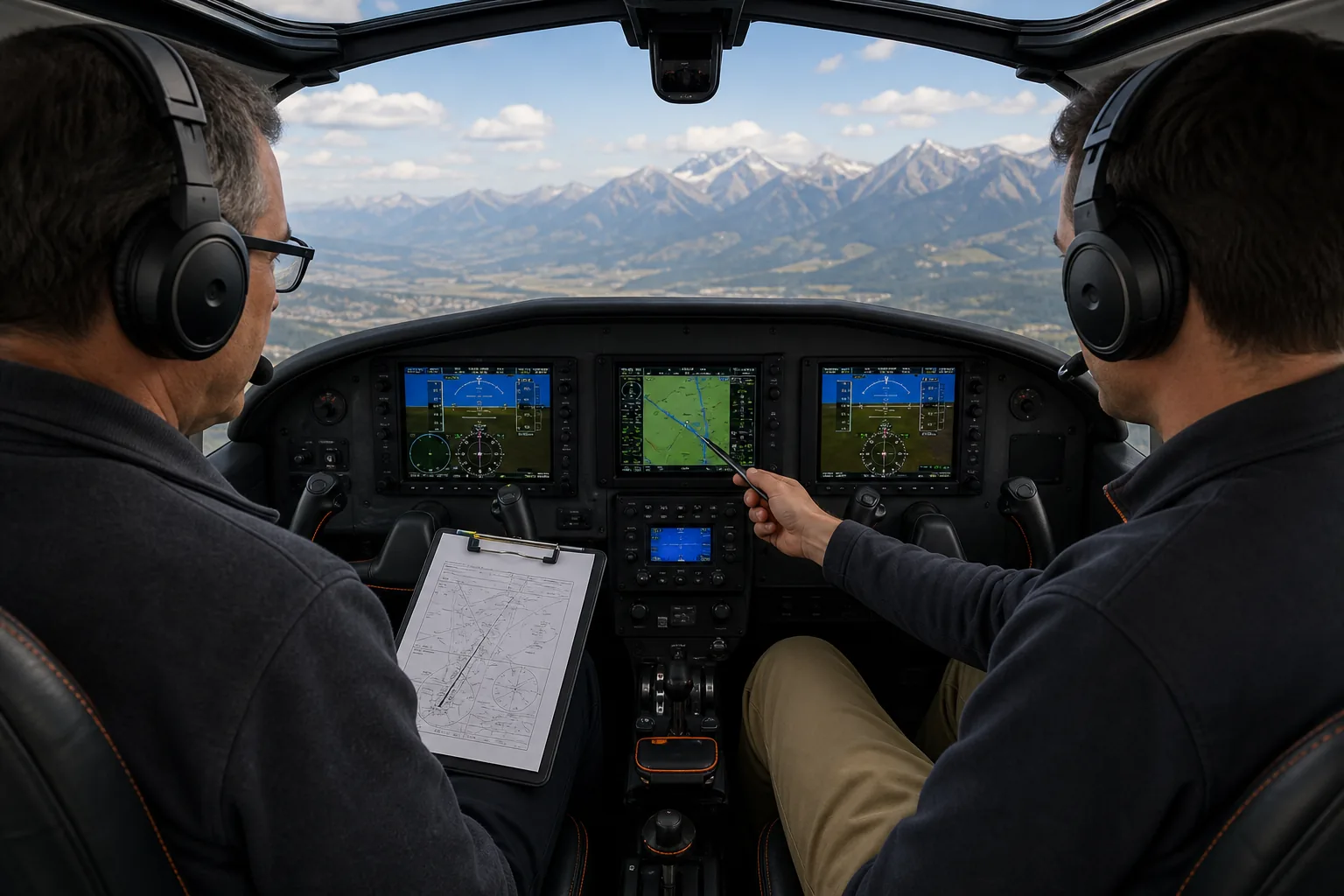 CFII checkride with examiner evaluating instrument instruction in a cockpit.