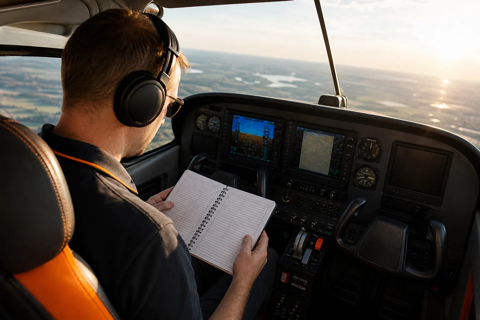 Pilot reviewing ATP flight hour requirements in a training aircraft cockpit.