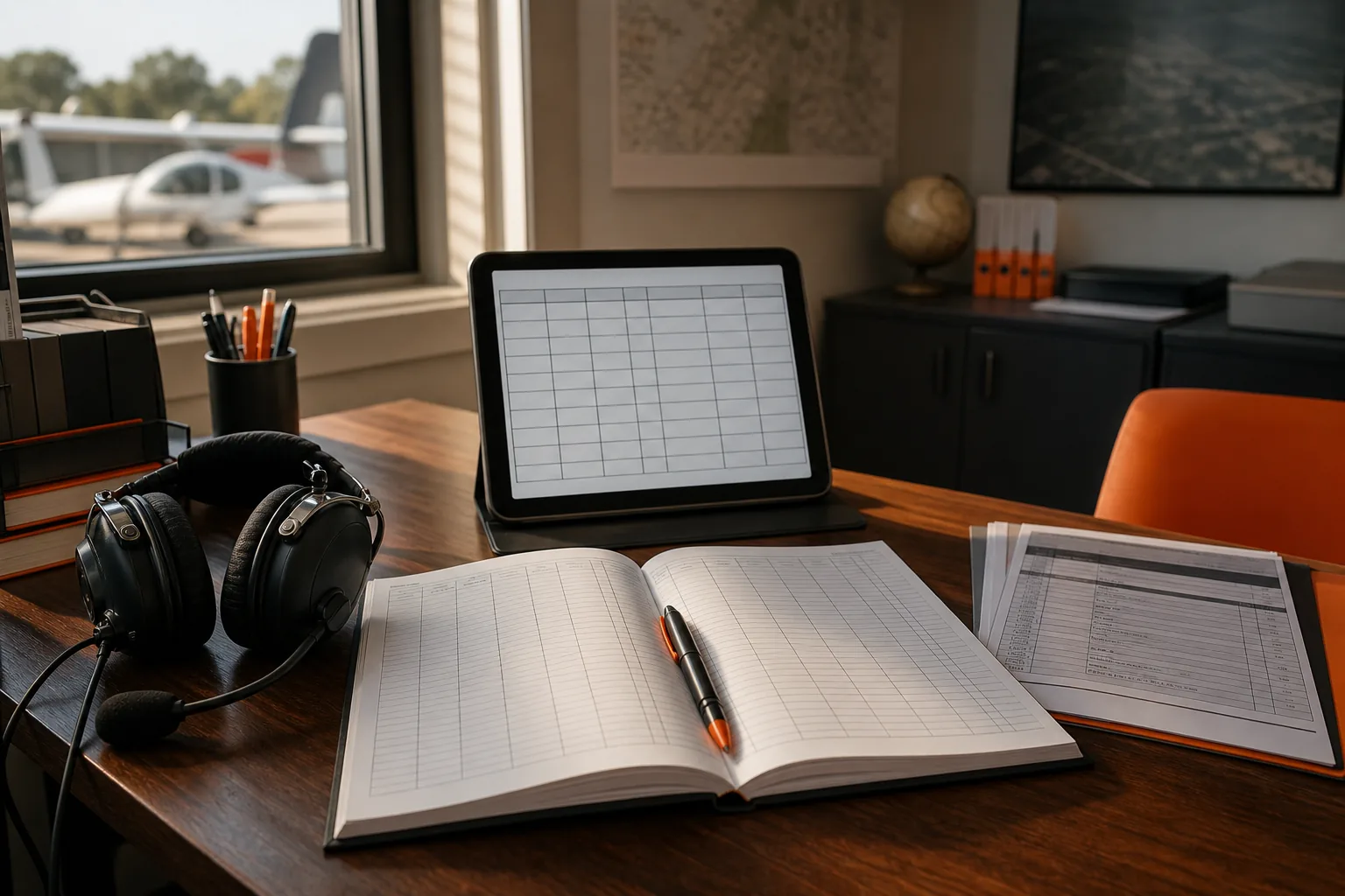 Pilot logbook setup with flight time fields and aviation records