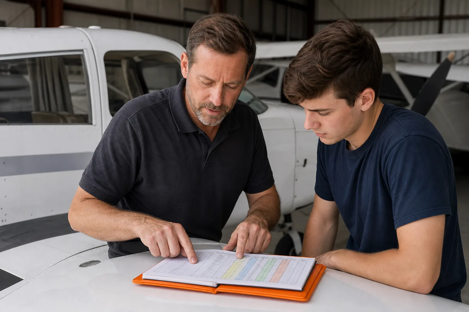 Flight instructor reviewing pilot logbook categories and flight hours