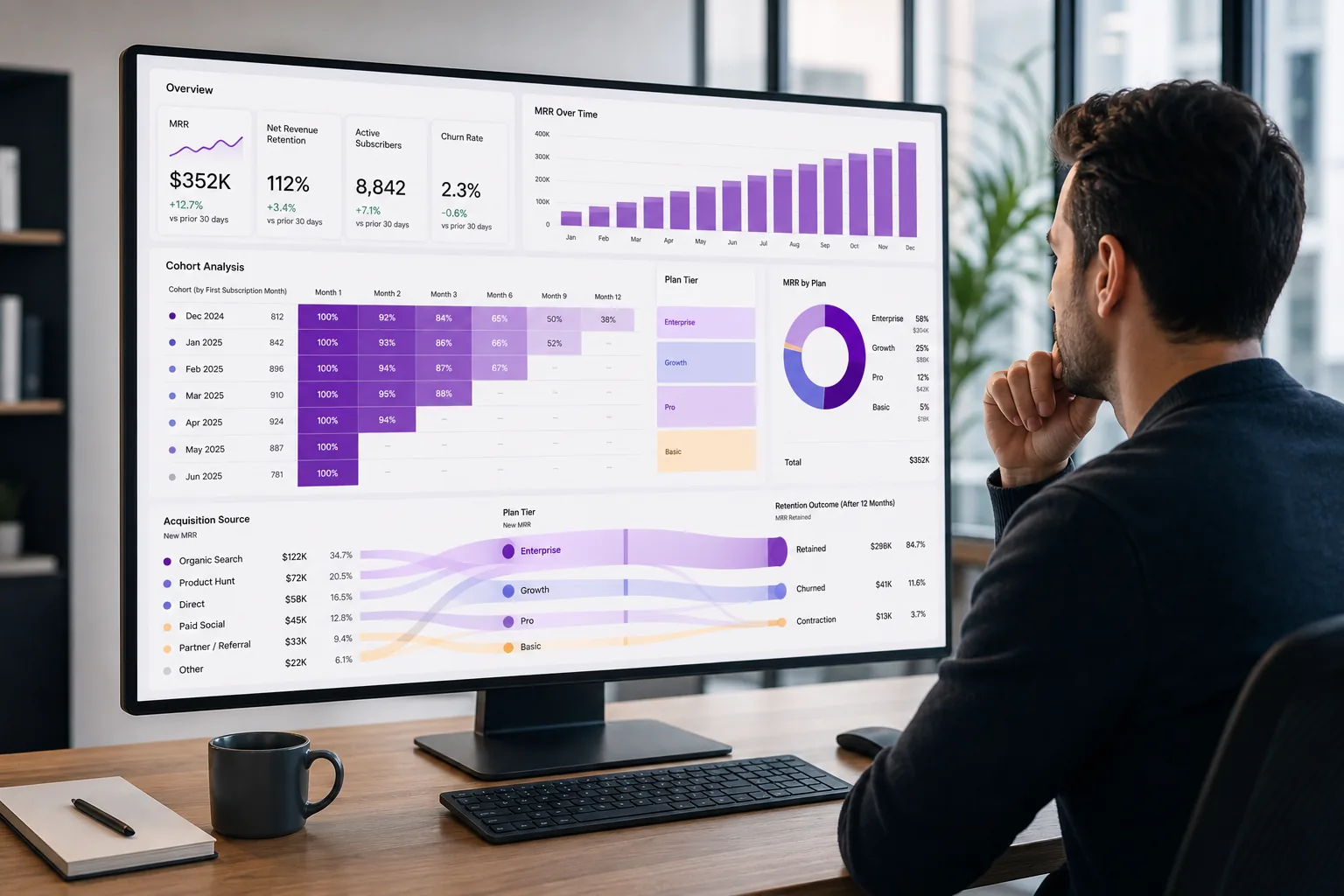 Cohort analysis showing SaaS MRR retention by plan and acquisition source