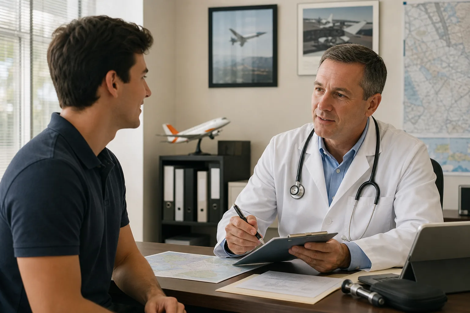 Aspiring commercial pilot completing an FAA medical exam with an Aviation Medical Examiner