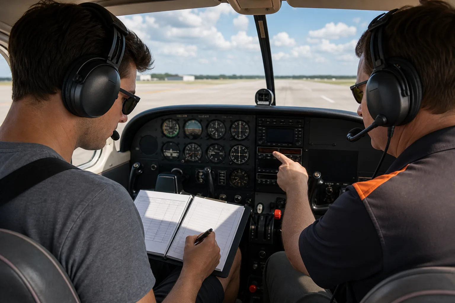 Commercial pilot building flight hours with an instructor inside an aircraft cockpit