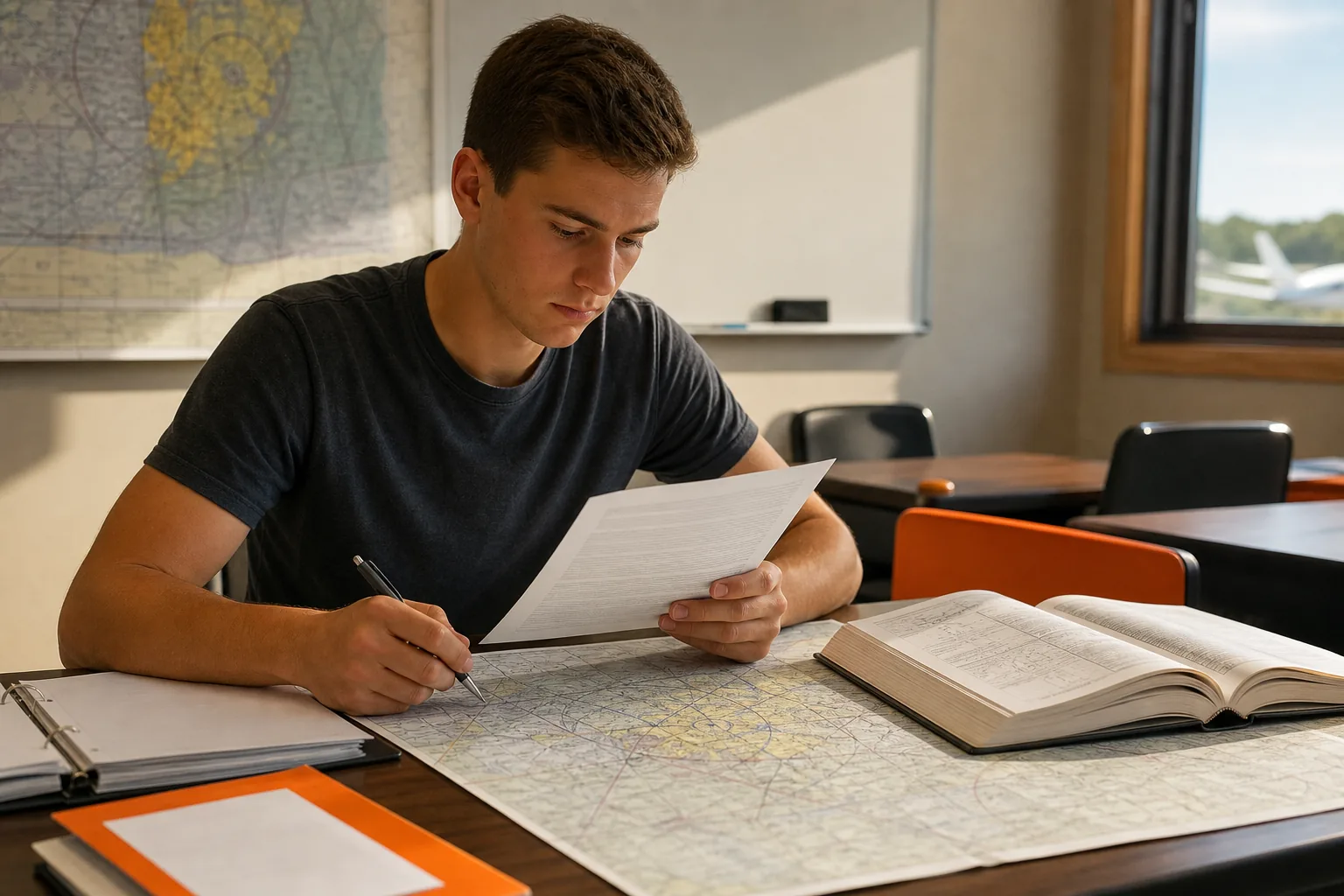 Aspiring pilot reviewing aviation written exam standards and flight charts