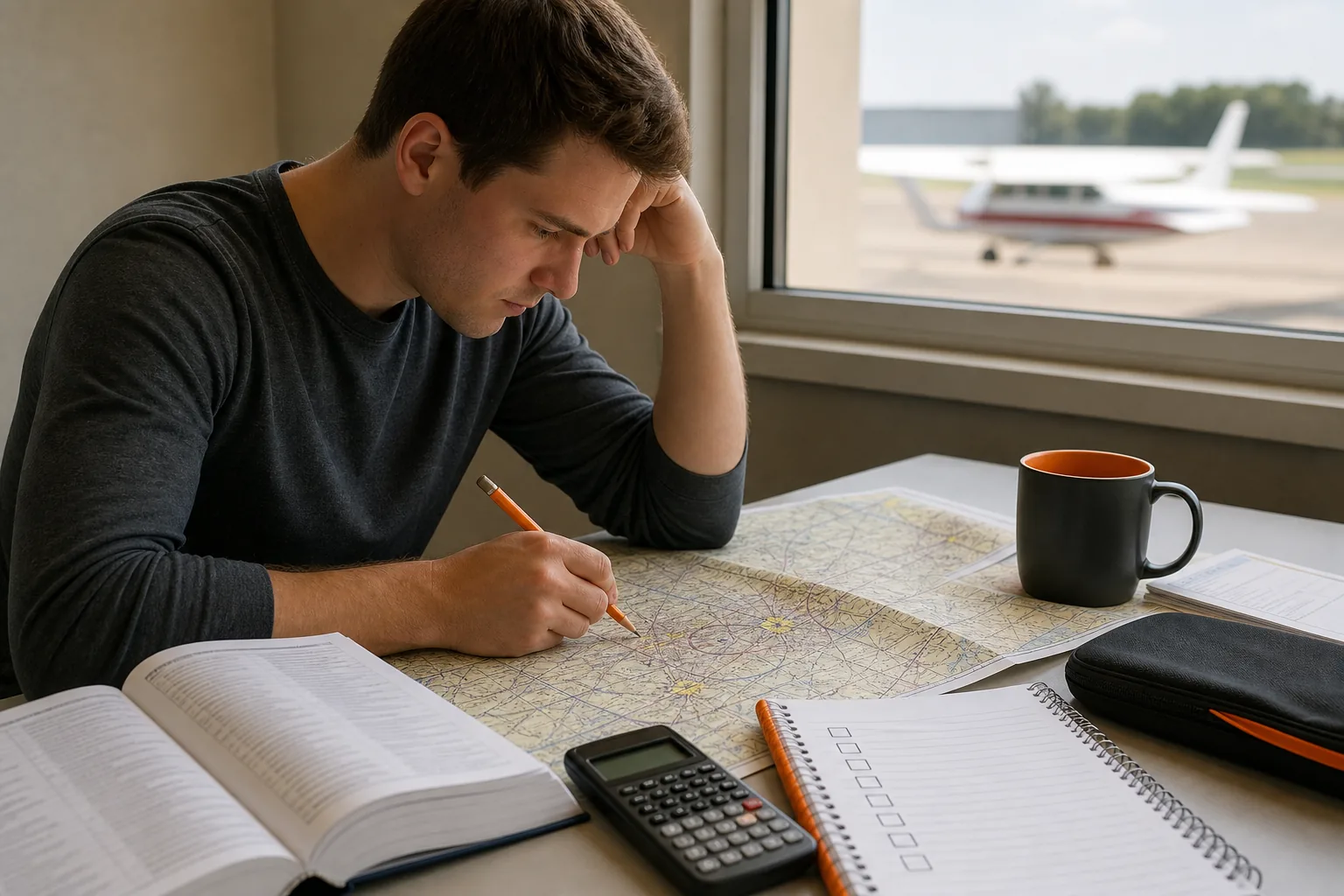 Pilot preparing for FAA written exam test day with charts and study checklist