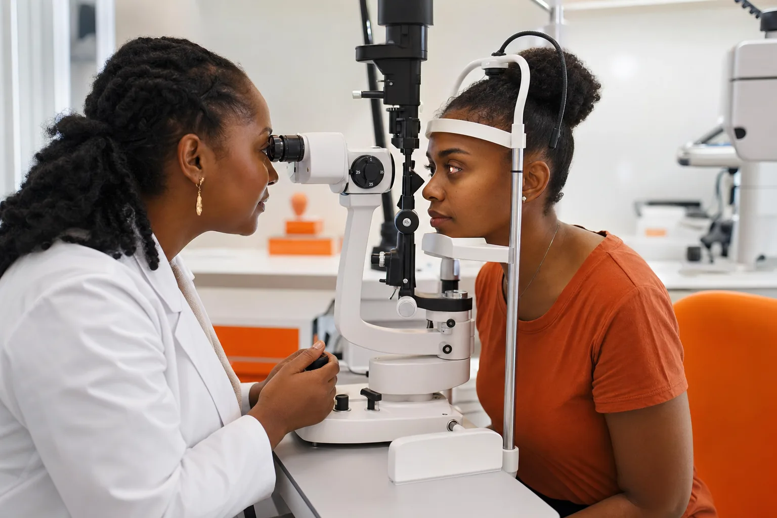 Contact lens eye exam and fitting at an eye-care clinic in Trinidad and Tobago.