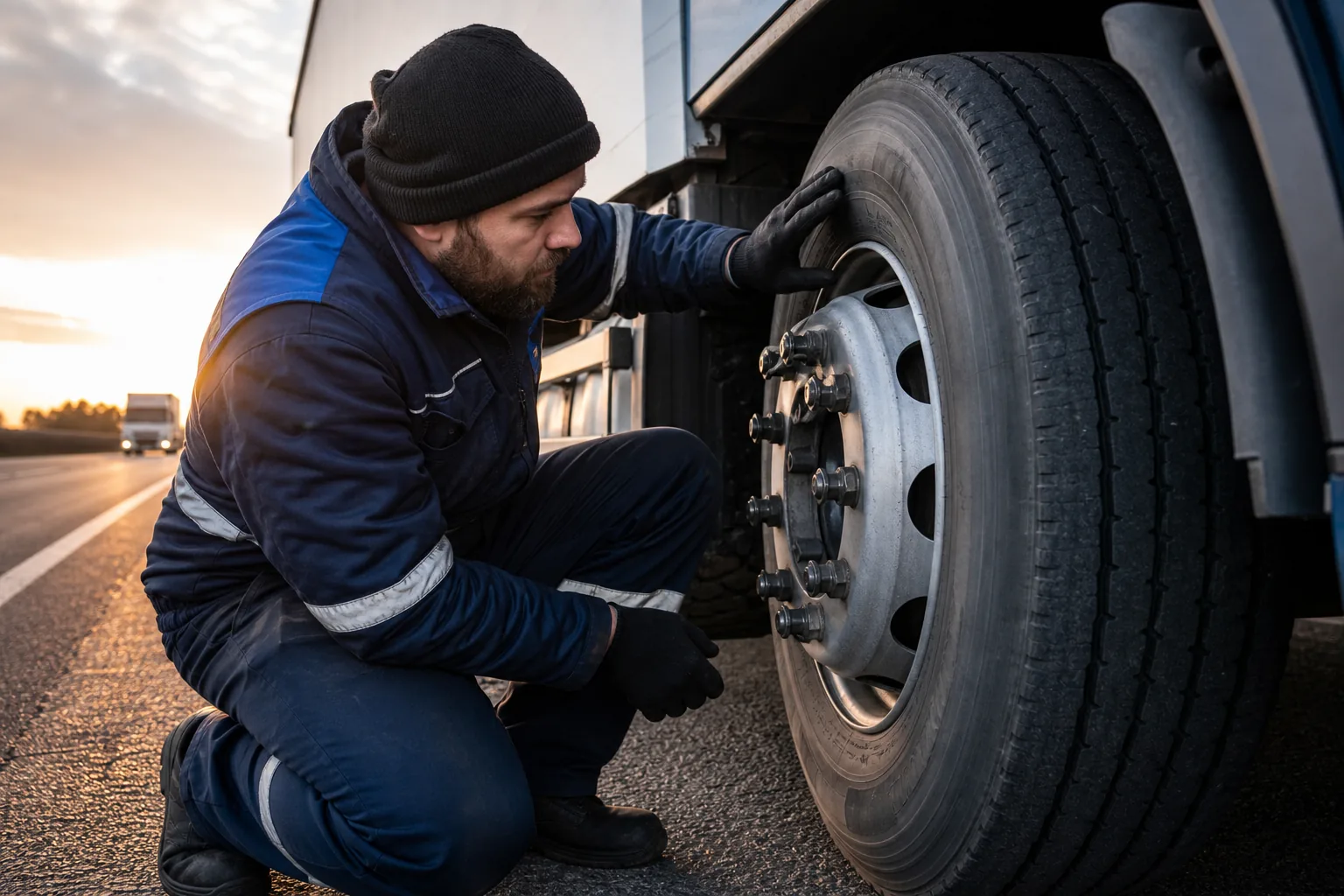 A realistic photo of a commercial truck tire on the side of a highway, showing a mechanic inspecting the tread and sidewall