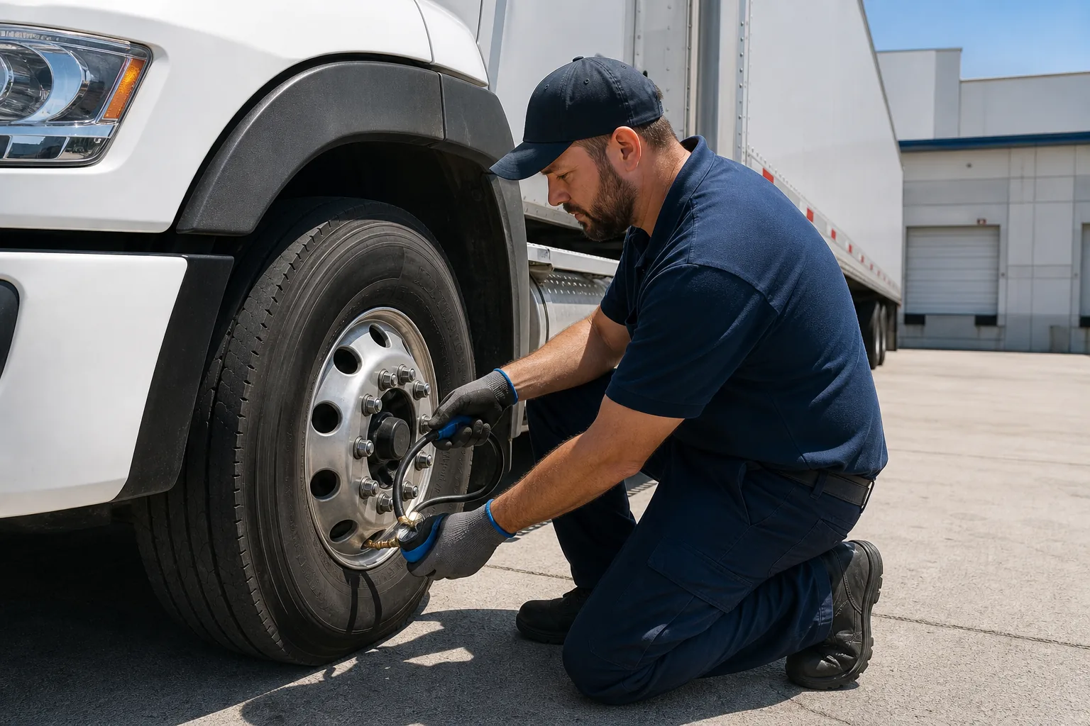 A realistic scene of a technician using a handheld pressure gauge on a commercial‑truck tire, with the truck parked beside a