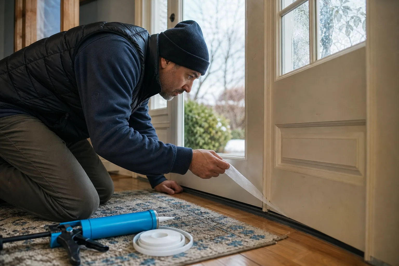 Find and seal winter drafts around doors in a Northern California home.