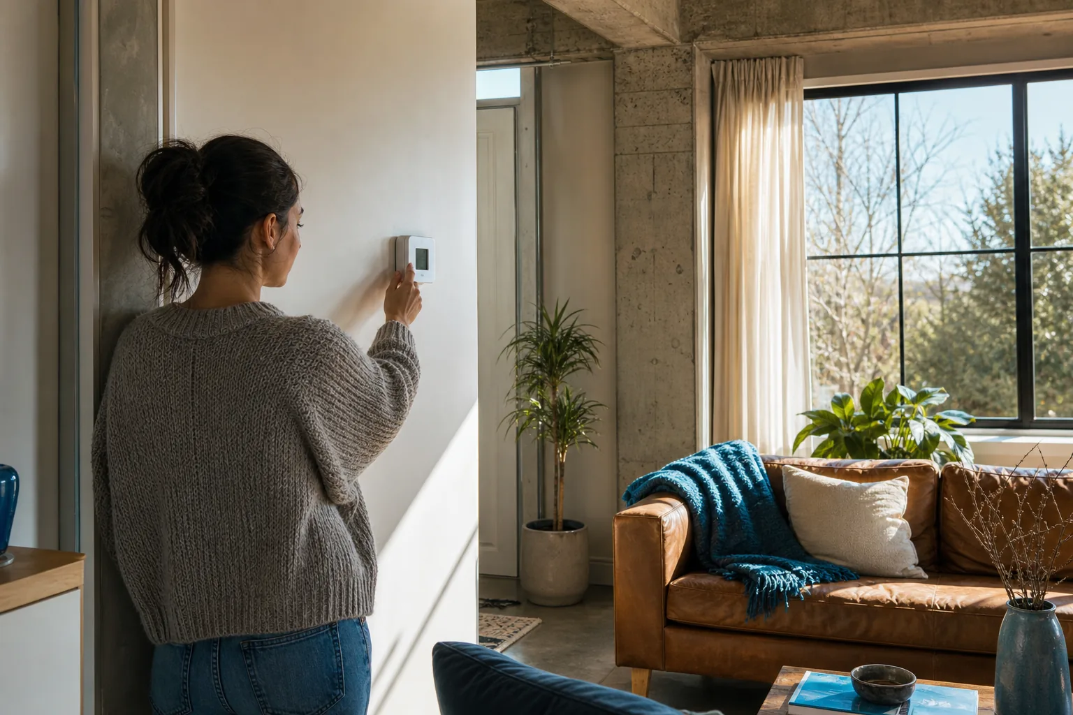 Use winter sunlight and a steady thermostat setting to reduce heating use.