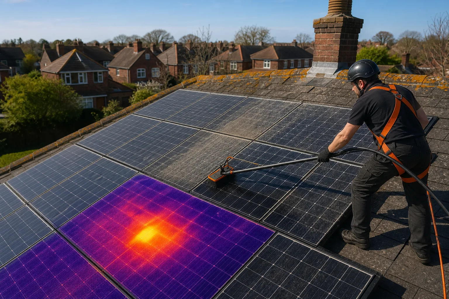 Solar panel cleaning and hotspot detection on a UK roof