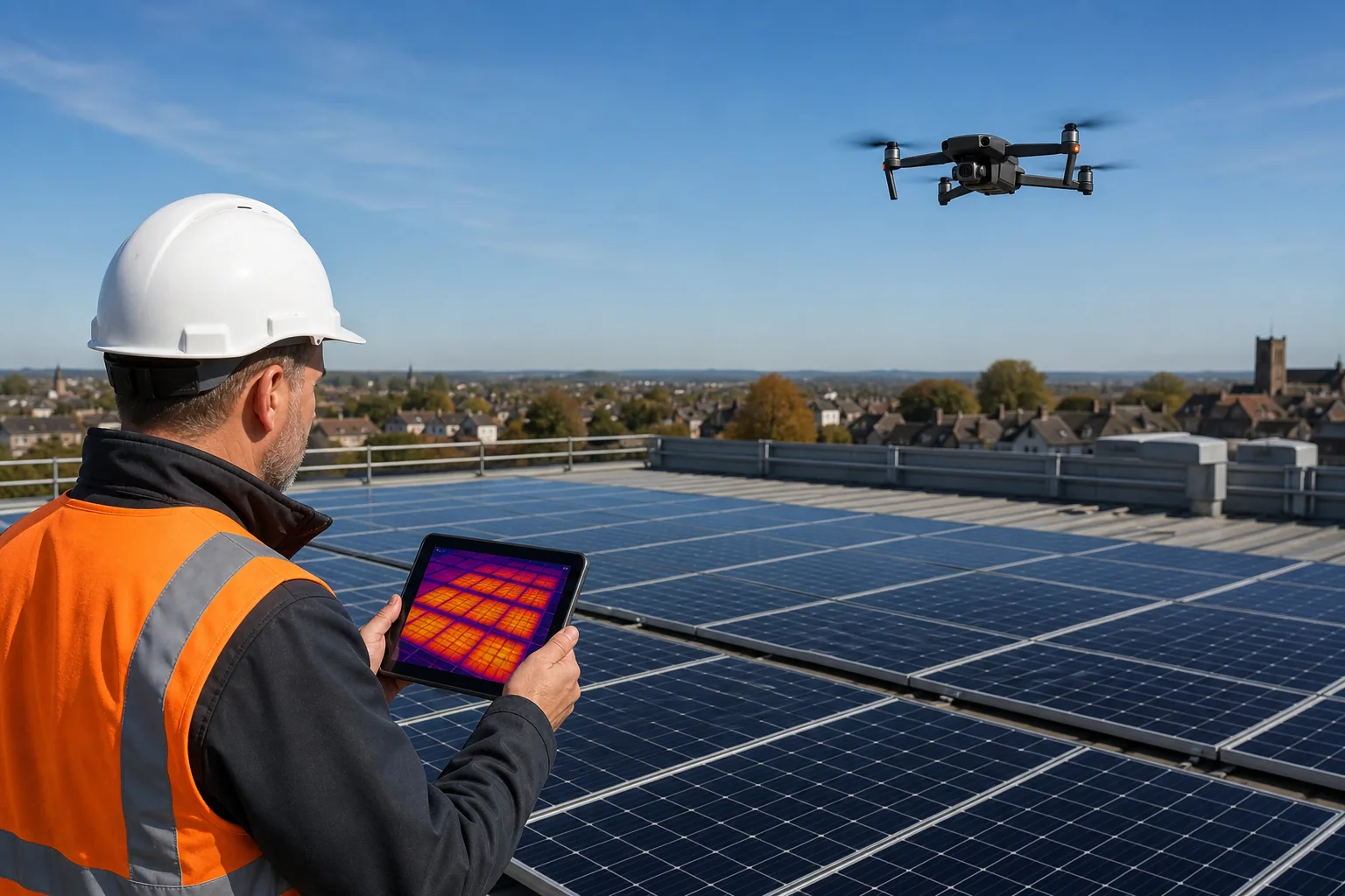Drone thermal inspection of solar panels on a commercial roof