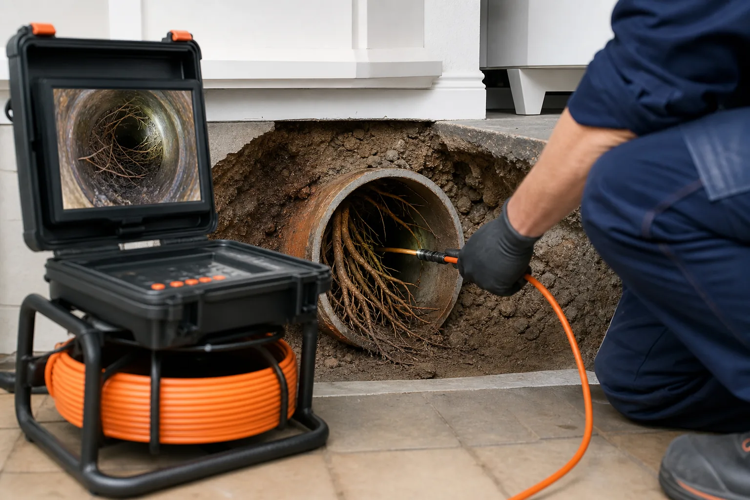 Tree roots causing sewer line blockage visualized.