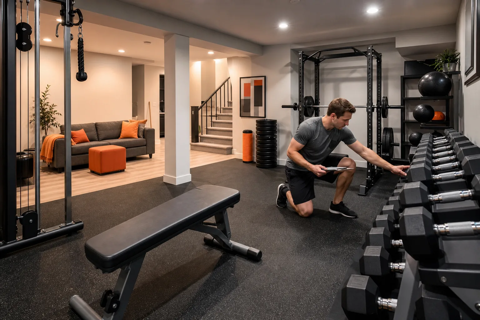 Organized and safe finished basement home gym in Utah