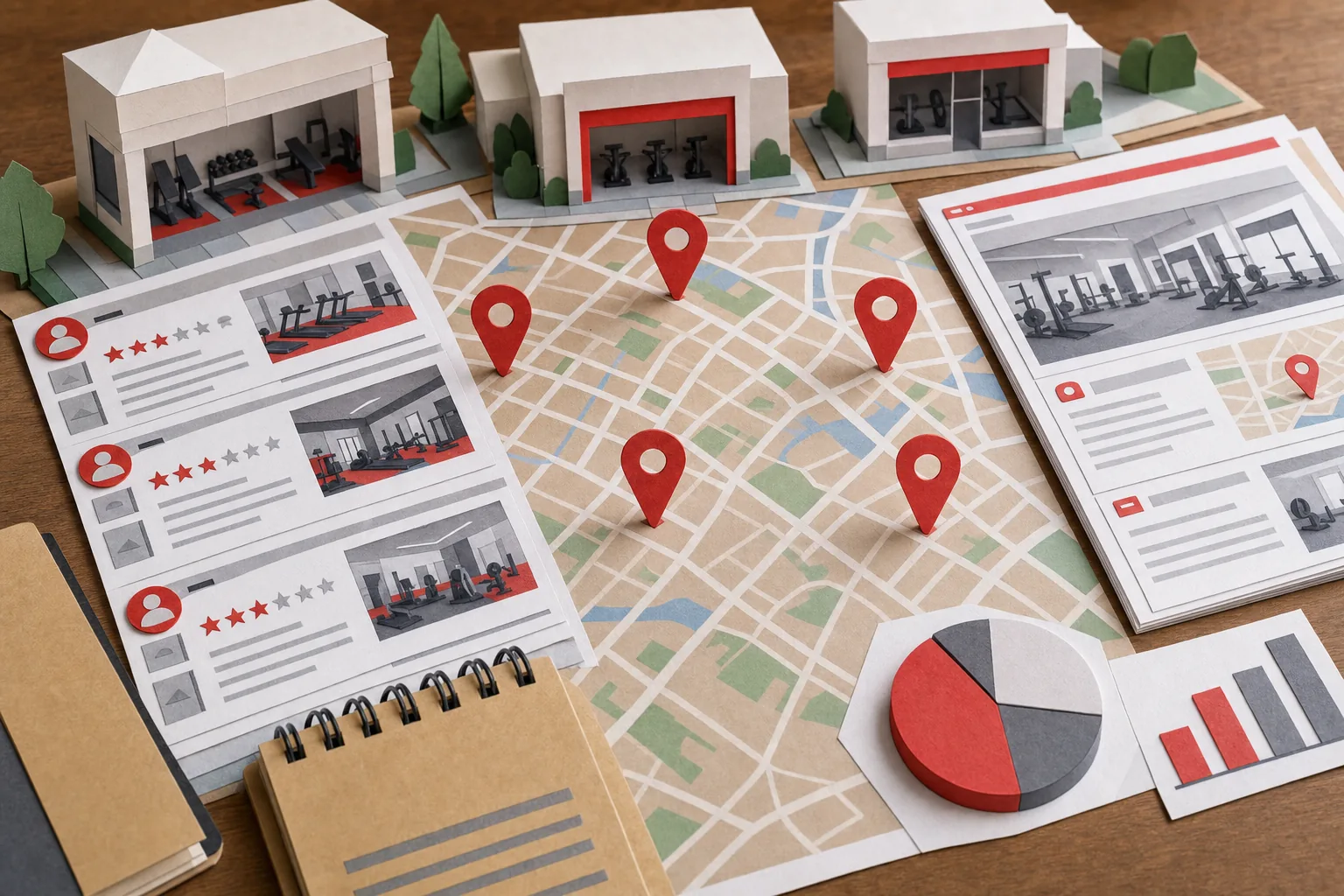 papercraft local SEO map for multi-location gyms and fitness studios