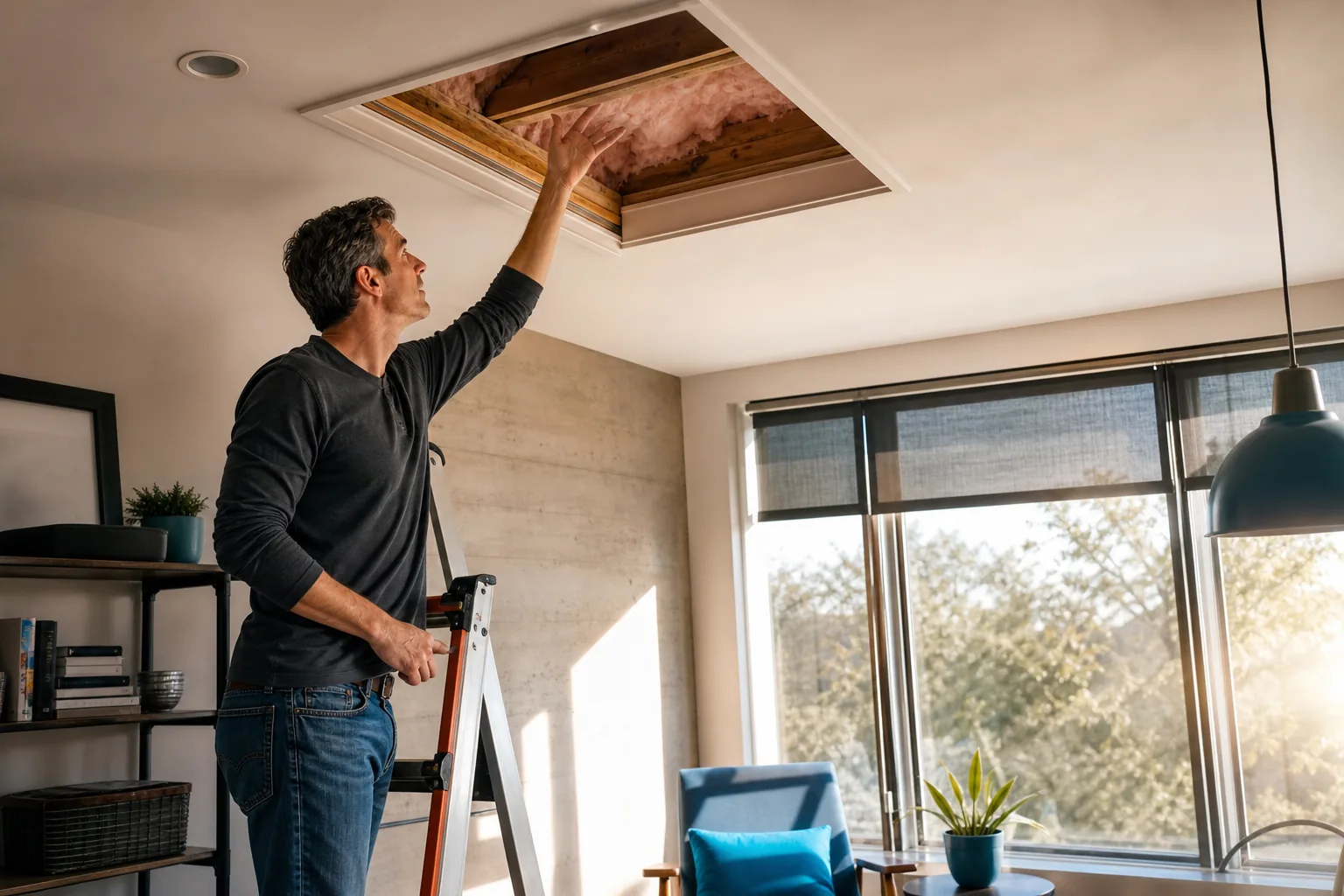 Homeowner checking attic insulation and window heat gain to improve HVAC efficiency.