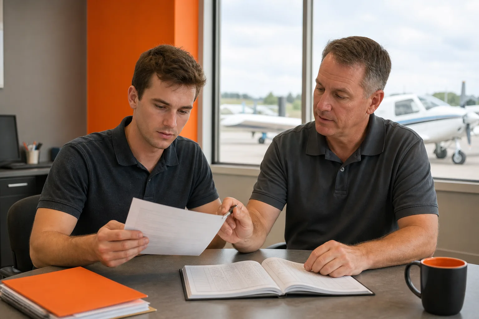 Aspiring pilot reviewing CFI eligibility requirements and flight logbook.
