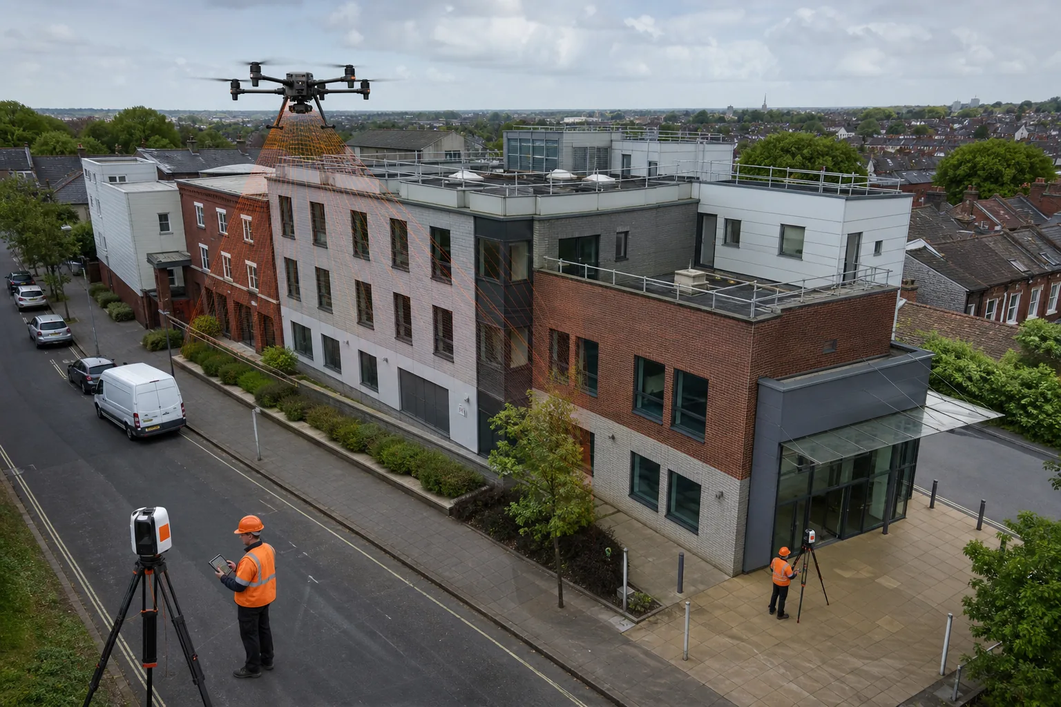 Measured building survey equipment on a UK commercial property