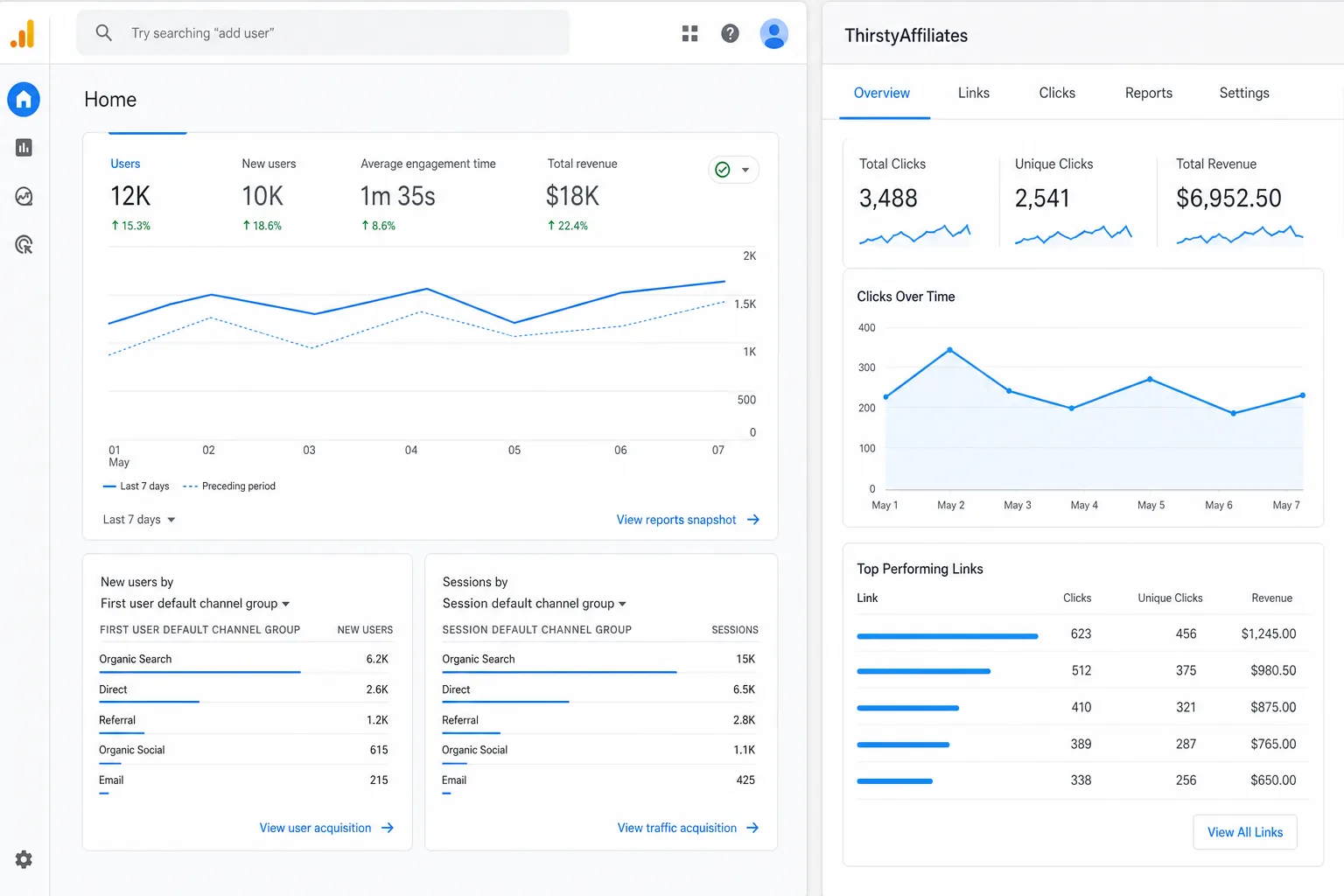 Analytics and affiliate tracking view for an affiliate website
