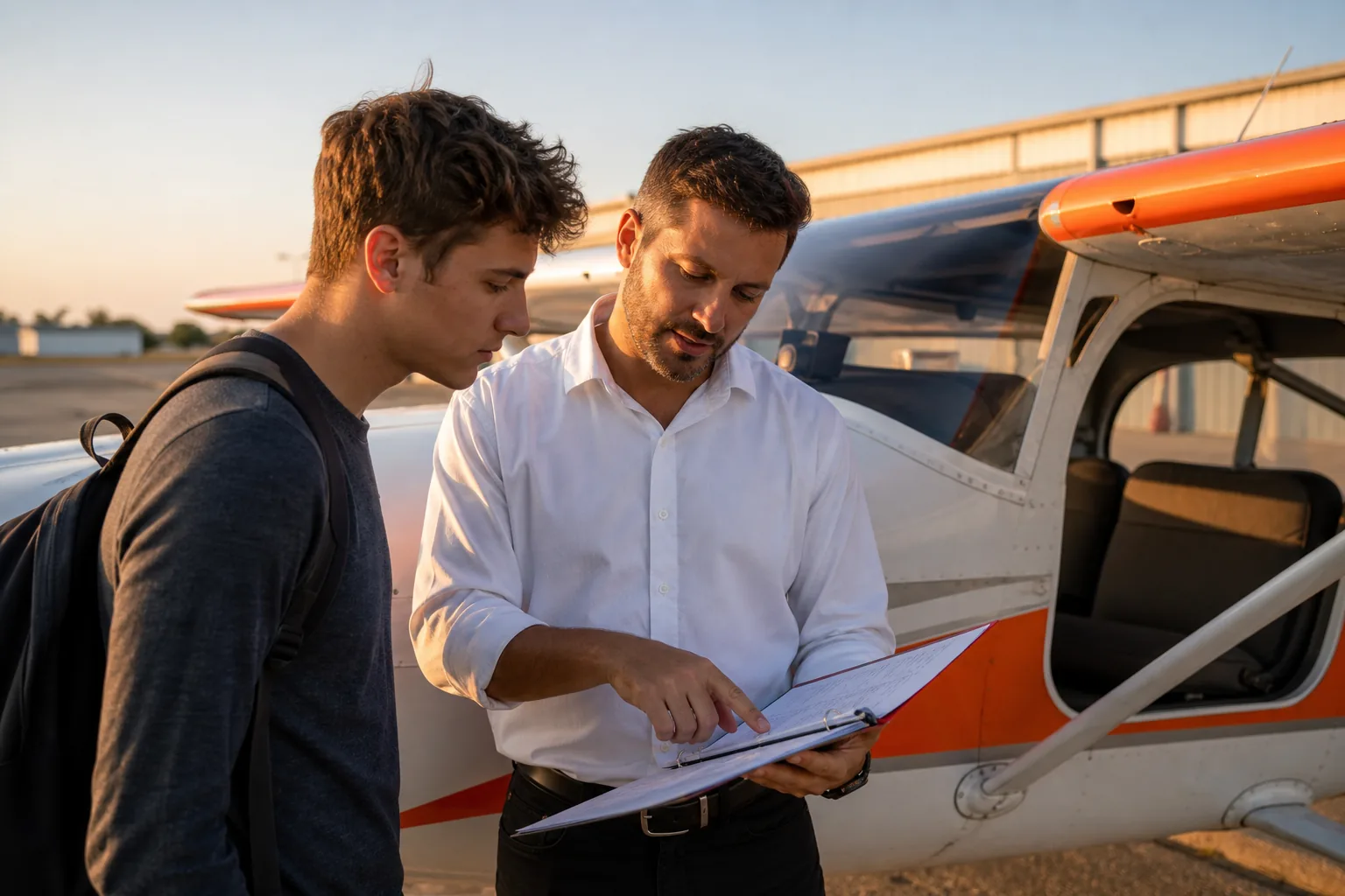 Aspiring pilot reviewing an accelerated commercial pilot course training plan