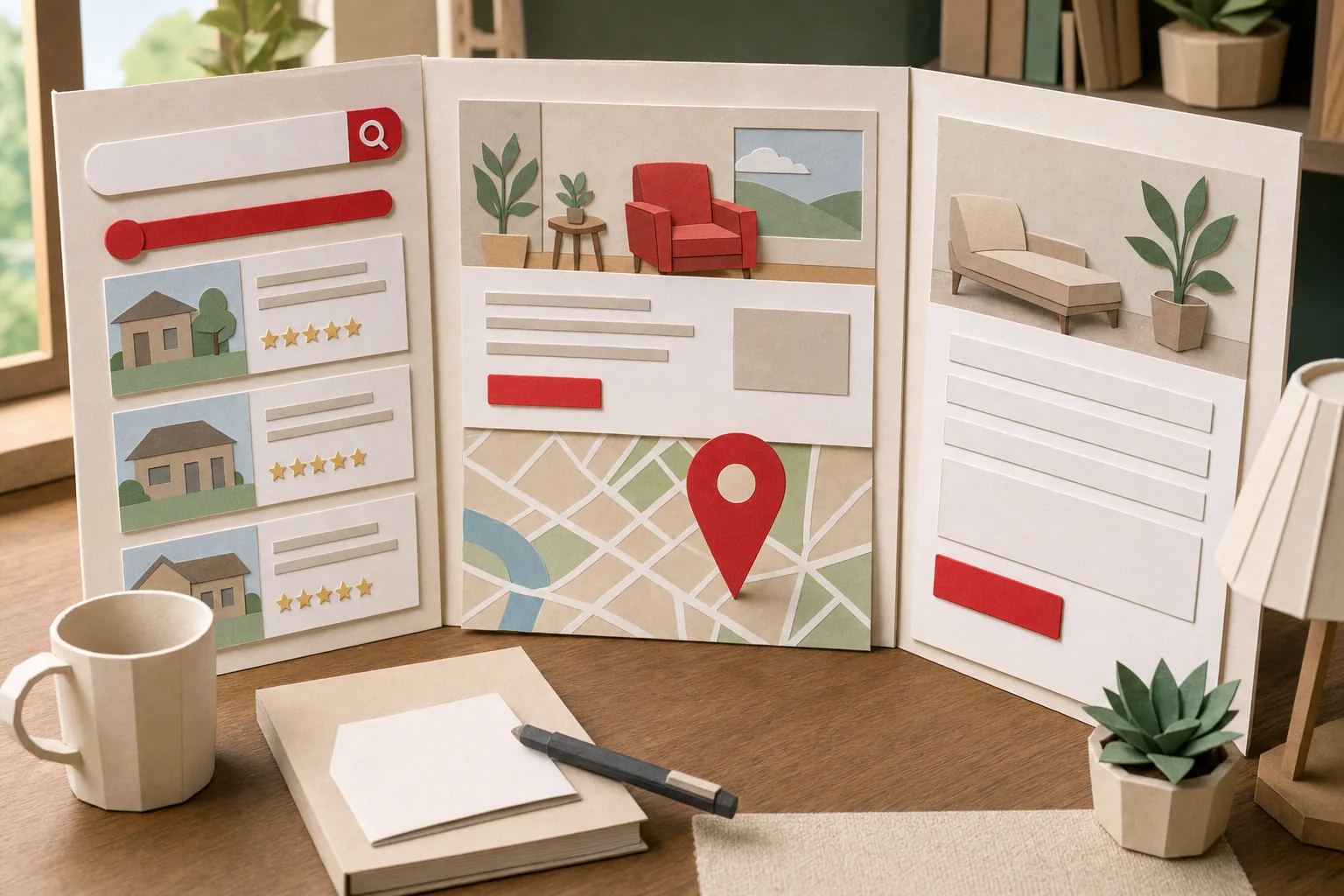 Papercraft illustration of local SEO and a clear therapy website contact path