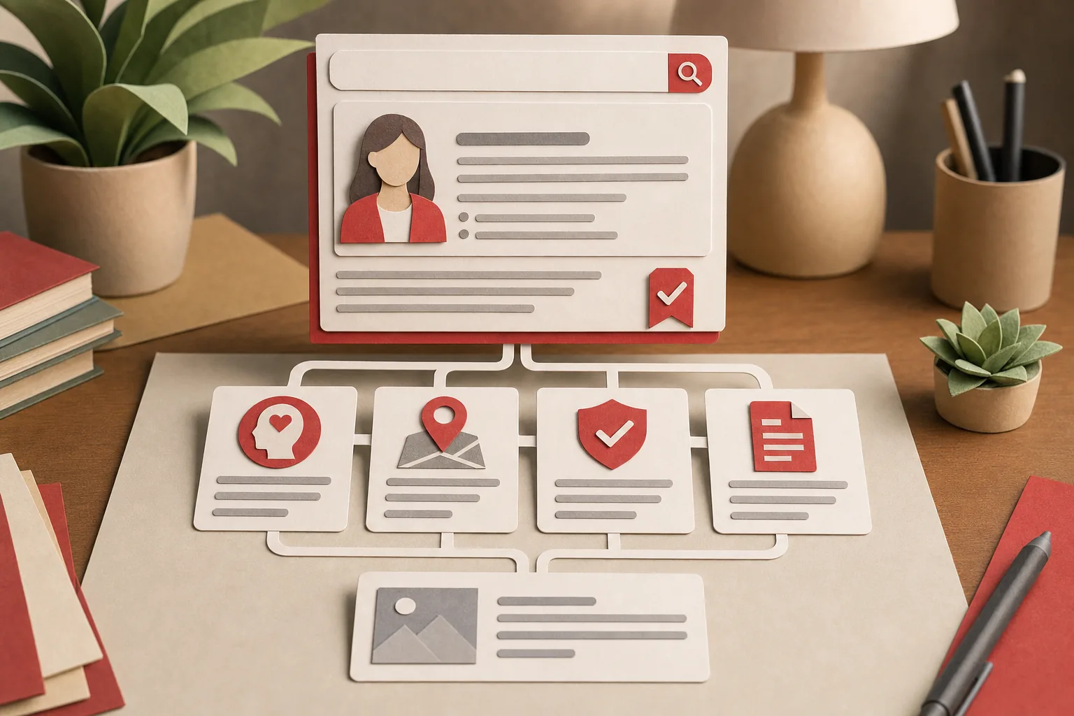 Papercraft illustration of AI search visibility for a therapist practice