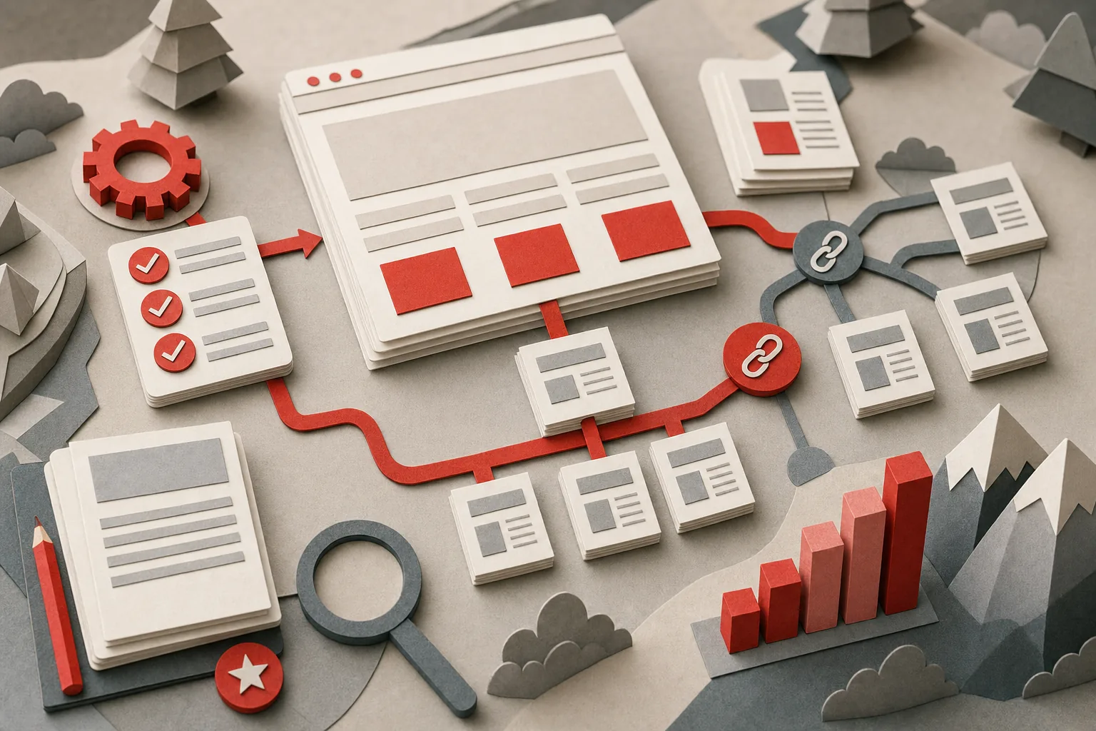 Papercraft SEO timeline factors including technical SEO, content quality, competition, and backlinks.