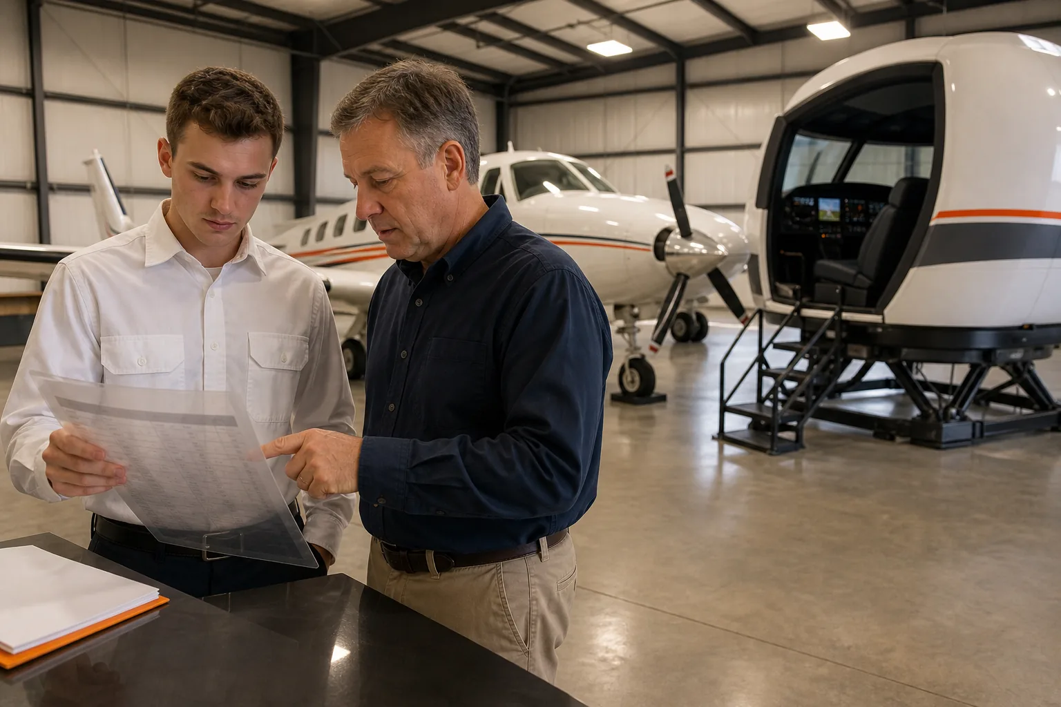 Multi engine training cost breakdown beside a twin-engine aircraft and flight simulator