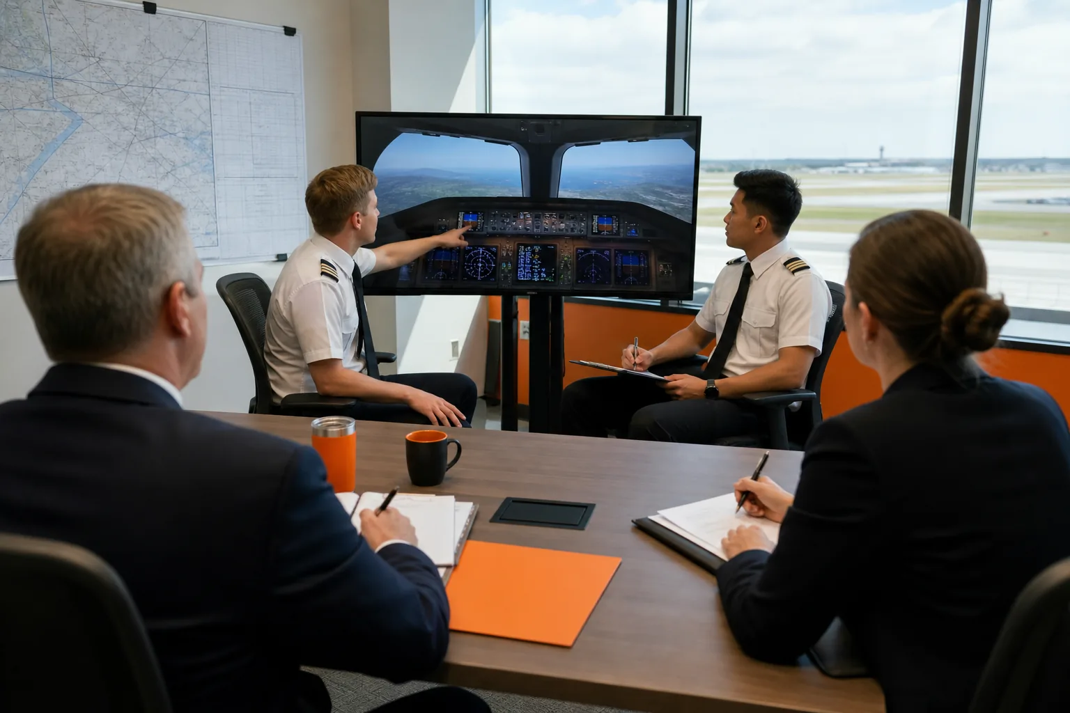 Airline pilot candidates practicing technical and CRM interview scenarios in the United States