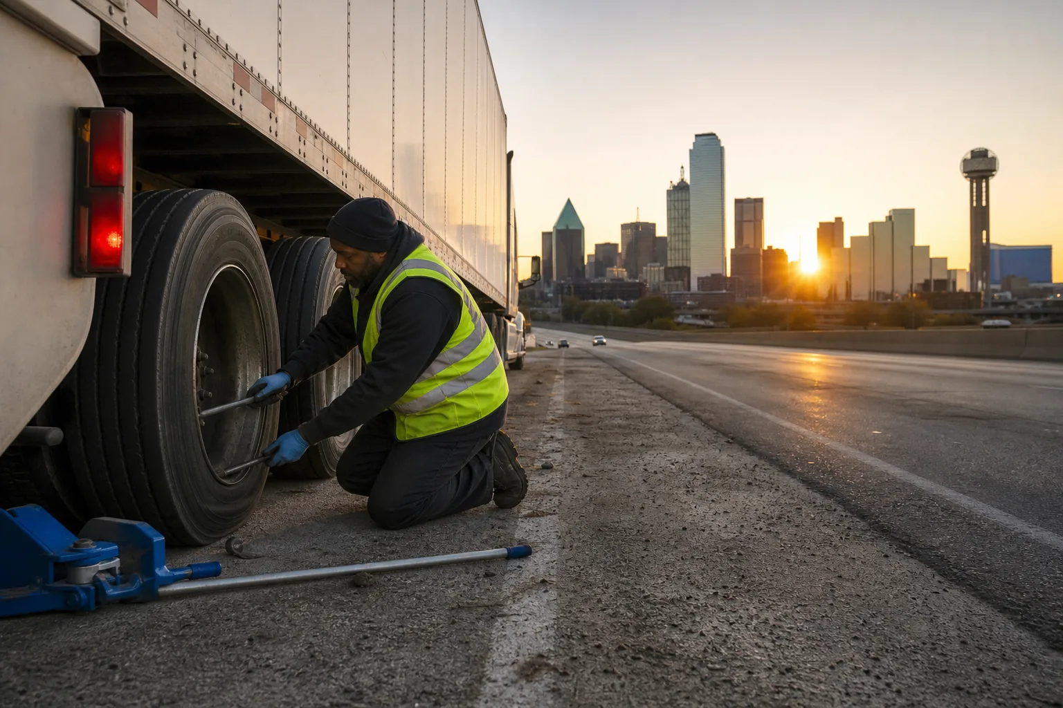 Fleet tire service Dallas inspection on the side of the road