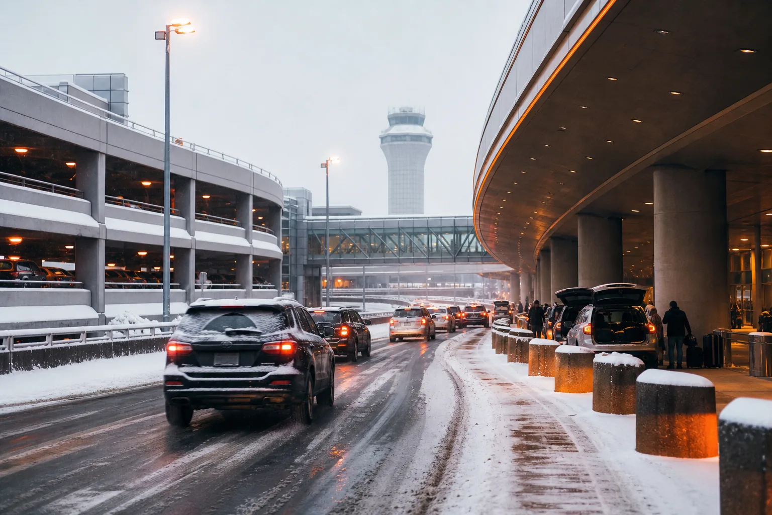 Illustration of winter traffic outside an airport terminal
