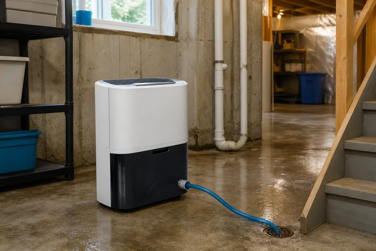 Dehumidifier set up to reduce dampness in a basement.