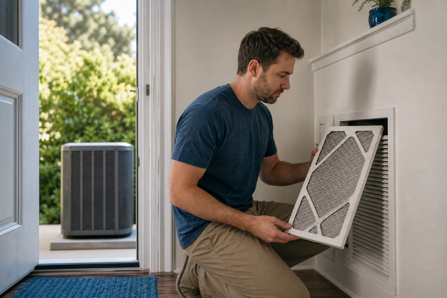 Homeowner checking an AC filter during summer HVAC maintenance.