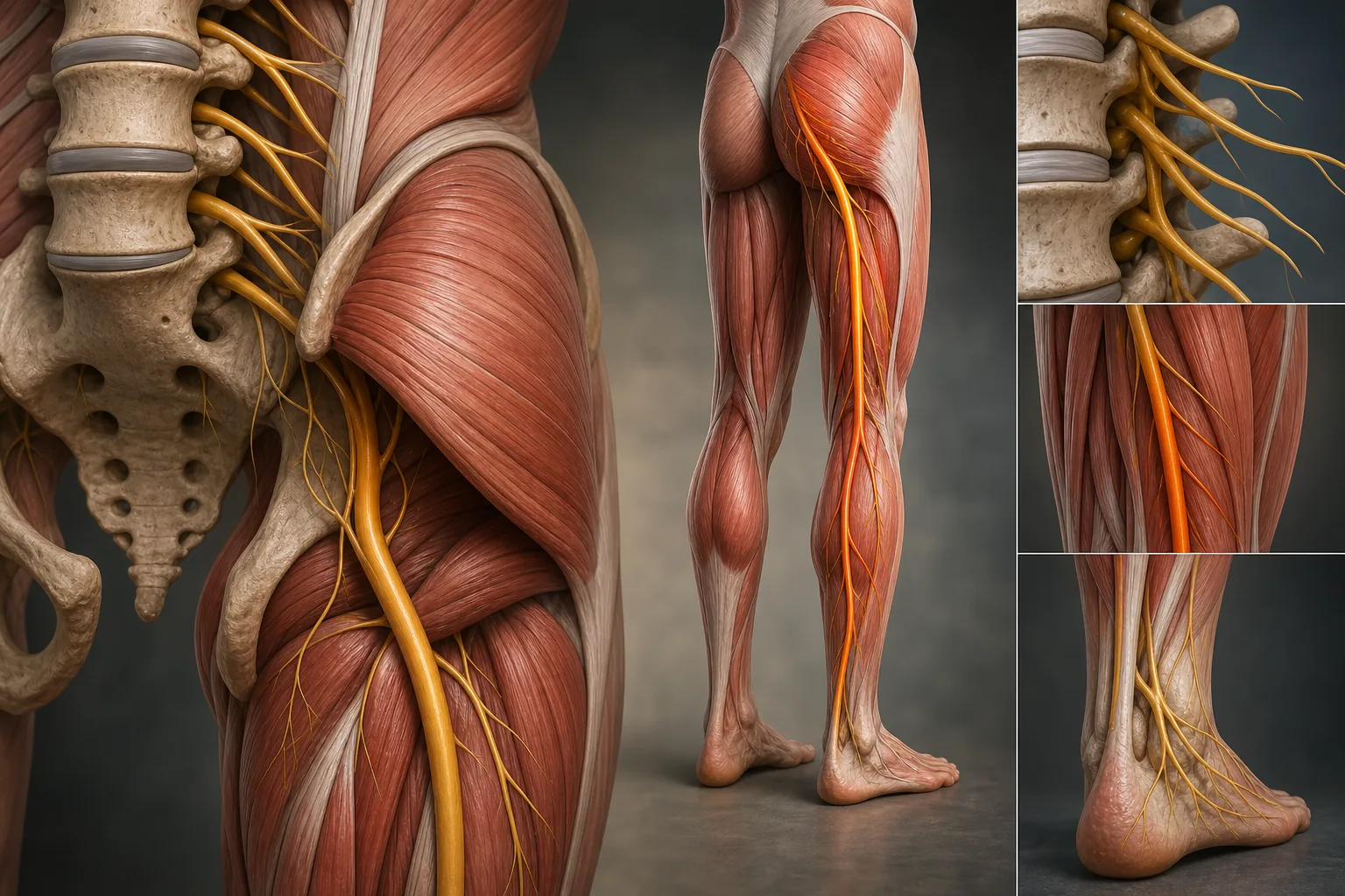 Sciatic nerve anatomy diagram for sciatica pain explanation.