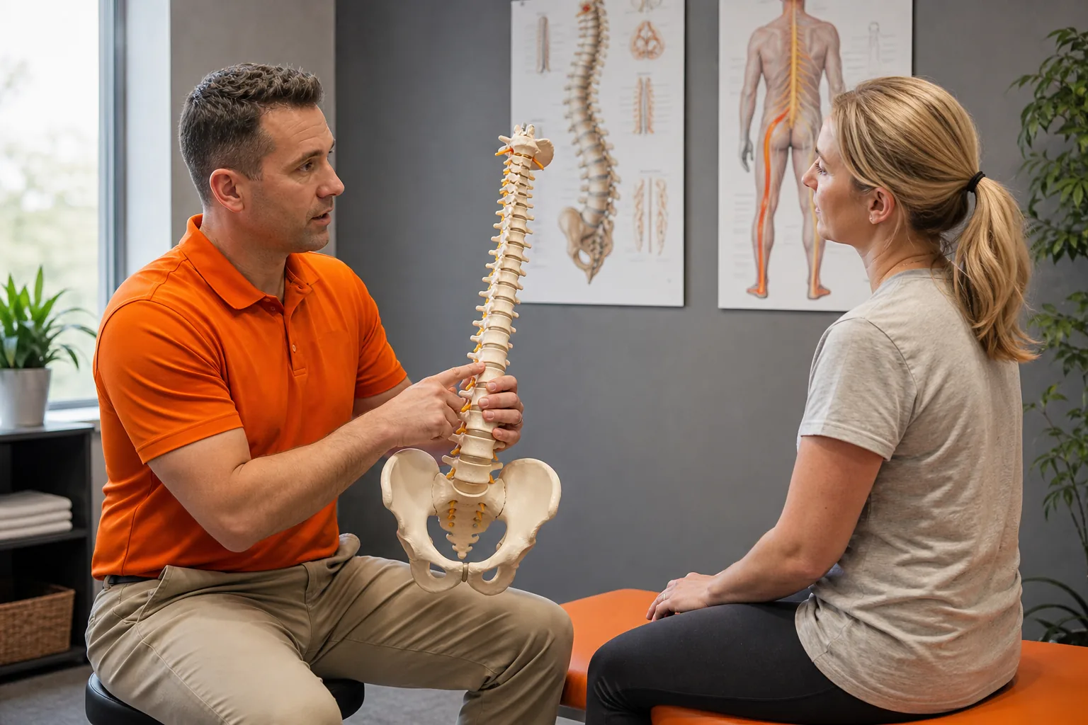 Patient consultation for sciatica at a chiropractic clinic.
